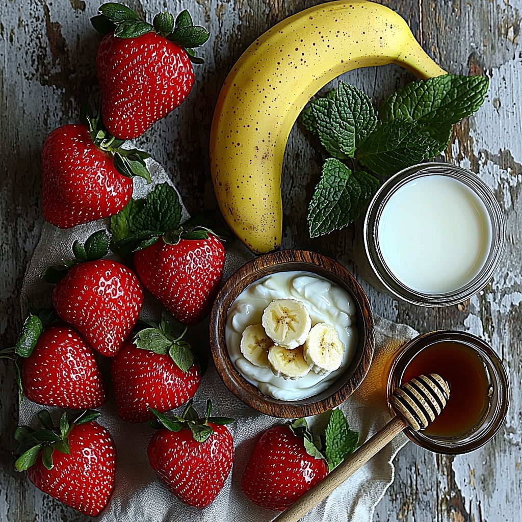 fresh strawberries whole and sliced with bright red color and green tops removed, creamy white plain Greek yogurt in a small rustic bowl, a ripe banana with smooth yellow peel, a scoop of vanilla protein powder with fine texture in a wooden spoon, a glass of milk (dairy or plant-based) with a soft white liquid sheen, a small jar of golden honey or maple syrup with rich amber hues, all ingredients carefully arranged on a clean, light-colored wooden surface with natural soft daylight highlighting vibrant colors and subtle shadows, minimalistic styling with slight rustic touches, a sprig of fresh mint for a pop of green as garnish, delicate linen napkin folded beside the ingredients, overhead shot, top down view, flat lay photography, professional food styling --ar 1:1 --q 2 --s 750 --v 6.1