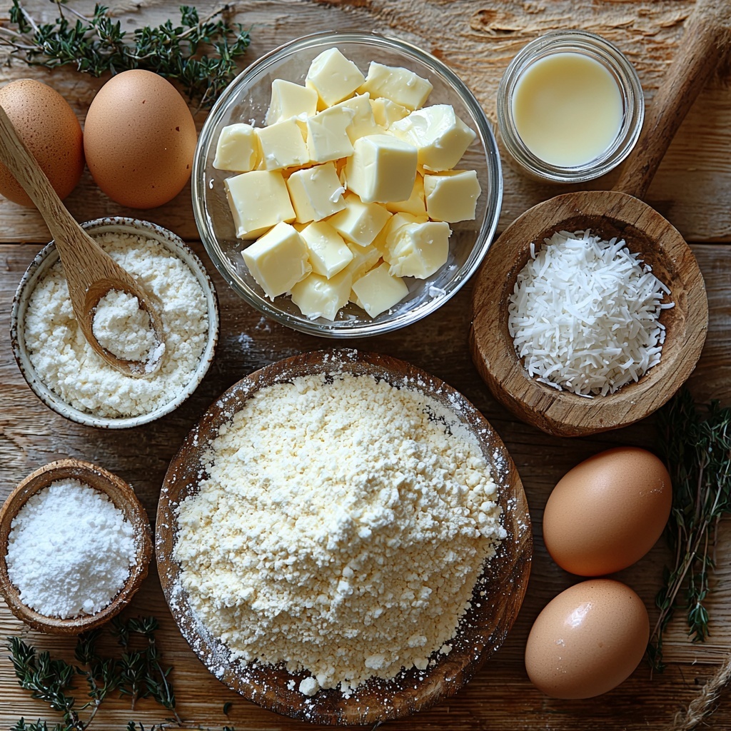 Softened unsalted butter in a small glass bowl with creamy smooth texture, solid coconut oil chunked on a white ceramic plate showing its dense, matte surface, a heap of granulated white sugar in a small white porcelain bowl sparkling under soft light, four large brown eggs arranged neatly side by side, a wooden scoop overflowing with all-purpose flour creating soft flour dust around it, two small glass bowls containing fine baking powder and light beige baking soda powders, a clear small glass bowl holding creamy sour cream with a velvety texture, another small bowl filled with rich, pale coconut milk with a glossy surface, a tiny glass jar of golden vanilla paste with a wooden spoon partly dipped in it, a small rustic bowl filled with fluffy unsweetened shredded coconut, with a few coconut flakes scattered casually nearby adding texture, all ingredients thoughtfully placed on a clean, light wood surface with gentle natural lighting that highlights the soft whites, creams, and warm browns, styled minimally with a slight shadow play and small sprigs of fresh green herbs for subtle color contrast, overhead shot, top down view, flat lay photography, professional food styling --ar 1:1 --q 2 --s 750 --v 6.1