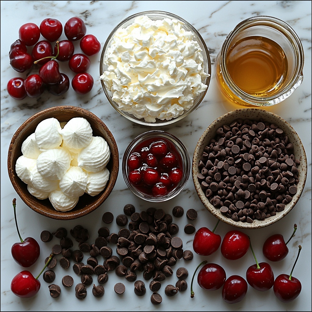 chocolate cake mix box with rich brown graphics, eggs with smooth white shells, a small glass bowl of golden vegetable oil, a clear measuring cup filled with water, a shiny red can of cherry pie filling with visible deep red cherries inside, a tub of fluffy white whipped topping, a small heap of glossy dark chocolate chips, a handful of fresh bright red cherries with green stems, a small glass jar of glossy dark chocolate syrup with a drizzle pouring out — all arranged neatly on a clean matte white surface, ingredients spaced evenly in a balanced composition, textures ranging from smooth and creamy to glossy and juicy, vibrant reds contrasting with creamy whites and rich browns, soft natural lighting enhancing colors and textures, minimal shadows, styled for a fresh, inviting look perfect for baking inspiration — overhead shot, top down view, flat lay photography, professional food styling --ar 1:1 --q 2 --s 750 --v 6.1