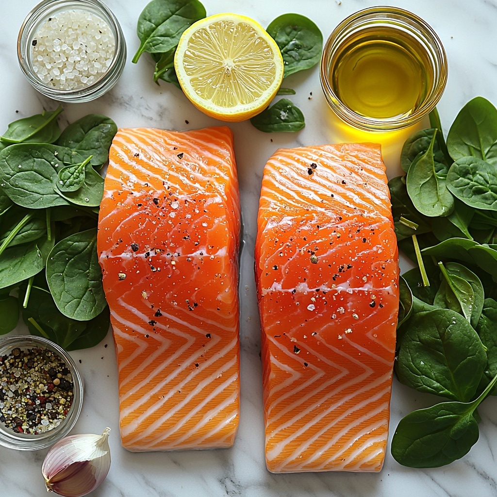 2 salmon fillets with bright orange-pink flesh and delicate texture, small bowl of dry beige orzo pasta grains, fresh vibrant green baby spinach leaves loosely piled, halved lemon showing bright yellow rind and juicy interior, small glass bowl with golden olive oil glistening in light, cloves of garlic peeled and minced with creamy white color, finely chopped shallot pieces with soft purple hues scattered gently, handful of fresh green dill sprigs with feathery texture, pinch bowls of coarse salt and cracked black peppercorns, all meticulously arranged on a clean white marble surface creating contrast and freshness, natural daylight highlighting textures and colors, subtle shadows for depth, minimalistic and inviting composition emphasizing freshness and wholesome ingredients, overhead shot, top down view, flat lay photography, professional food styling --ar 1:1 --q 2 --s 750 --v 6.1