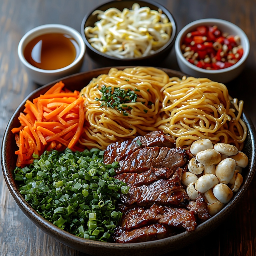 Flank steak thinly sliced in a small rustic bowl, glistening with marinade; small bowls with cornstarch, baking soda, light soy sauce, dark soy sauce, oyster sauce, sesame oil, sugar, salt, and white pepper neatly arranged; fresh lo mein noodles coiled and slightly glossy; a minced garlic clove on a small white dish; julienned bright orange carrot and vivid red bell pepper strips fanned out side by side; sliced creamy white mushrooms with brown caps in a tidy pile; pale bamboo shoots thinly sliced; shredded crisp Napa cabbage with delicate green and white leaves; fresh vibrant green snow peas; fresh mung bean sprouts with white, curly tendrils; two scallions sliced lengthwise separately showing white and green parts; small glass bowl with amber Shaoxing wine; two tablespoons of golden vegetable oil in a small clear bowl; clean wooden or light stone surface as background emphasizing colors and textures, subtle natural lighting casting soft shadows, minimalistic and elegant food styling highlighting freshness and variety, overhead shot, top down view, flat lay photography, professional food styling --ar 1:1 --q 2 --s 750 --v 6.1