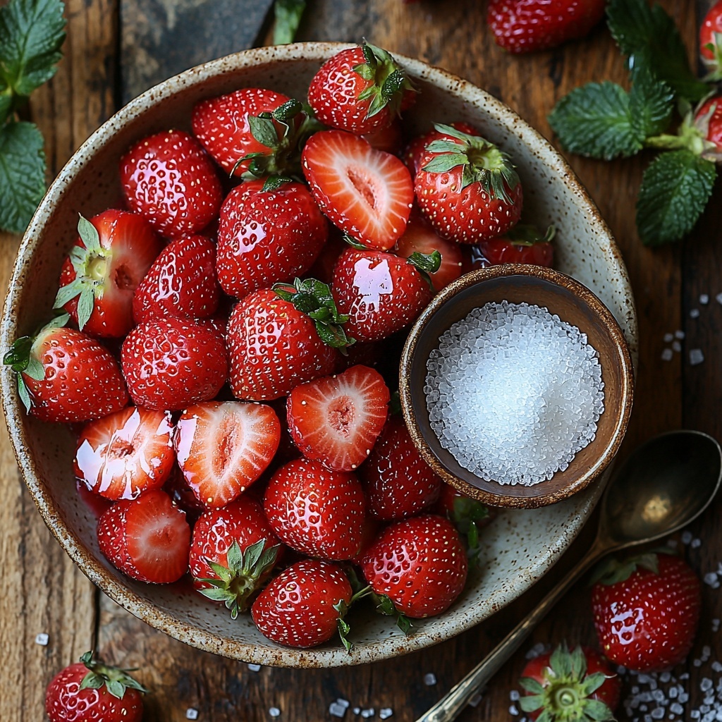 A clean, light wooden surface arranged with fresh, vibrant red strawberries, some whole and some thinly sliced to show their juicy interior texture; a small rustic bowl filled with glistening macerated strawberries releasing bright red juices; a delicate scattering of white granulated sugar crystals and a small vintage spoon beside it; soft natural lighting highlighting the glossy, juicy textures and rich red hues of the fruit; minimal props to keep focus on the freshness and sweetness of the strawberries; subtle shadows adding depth and dimension to the arrangement; overhead shot, top down view, flat lay photography, professional food styling --ar 1:1 --q 2 --s 750 --v 6.1