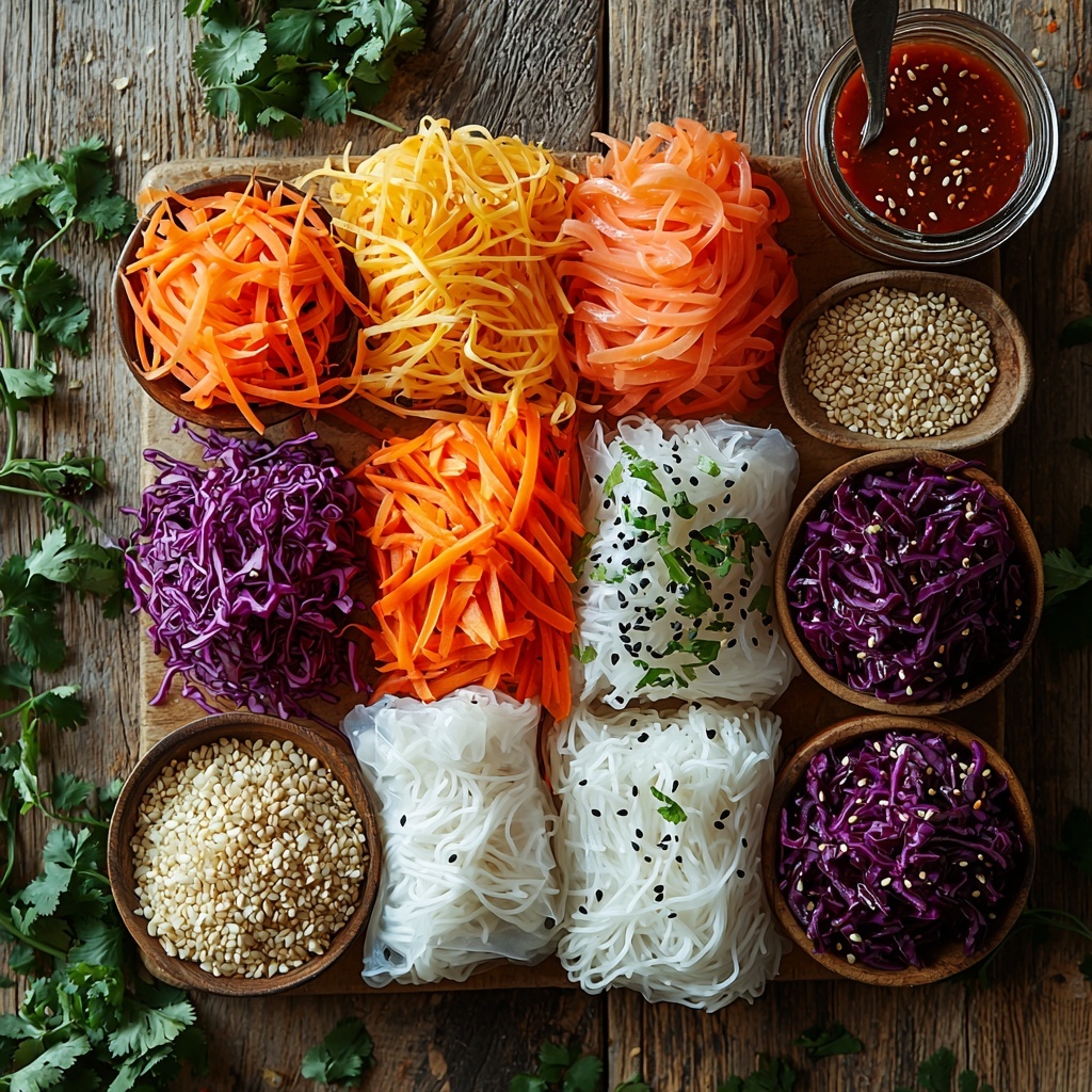 rice paper wrappers neatly stacked in a small pile, bright orange julienned carrots in a clear bowl, vibrant shredded purple cabbage beautifully fluffed alongside, a mound of glossy white cooked rice noodles, fresh green cilantro and mint leaves arranged in small bunches, a small wooden dish with golden toasted sesame seeds, a glass jar of deep red sweet chili sauce with a spoon, all placed on a clean light wooden surface with soft natural light enhancing the vivid colors and varied textures, subtle shadows adding depth, a few scattered herb leaves and sesame seeds for a casual yet elegant touch, overhead shot, top down view, flat lay photography, professional food styling --ar 1:1 --q 2 --s 750 --v 6.1