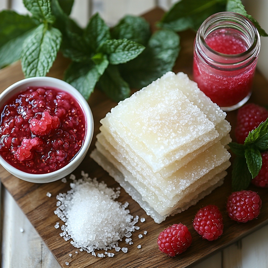 granulated sugar in a small clear glass bowl with fine white crystals sparkling under soft light, a shallow white ceramic dish holding vibrant red raspberry puree with a smooth glossy texture, translucent sheets of gelatin stacked neatly on a wooden board showing their delicate translucence, a small vintage glass jar with a few drops of bright pink food coloring visible inside, a clear measuring cup filled with sparkling water droplets on the outside, all carefully arranged on a clean, matte white surface with minimalist styling, natural soft lighting highlighting the textures and vivid colors, subtle shadows for depth, small sprigs of fresh mint scattered lightly for a touch of green contrast, overhead shot, top down view, flat lay photography, professional food styling --ar 1:1 --q 2 --s 750 --v 6.1
