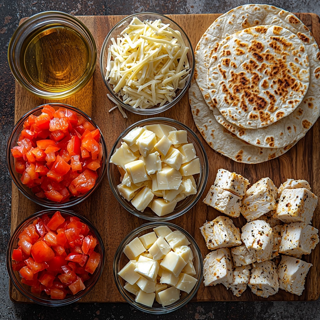 /Imagine prompt: A clean, neutral-toned surface showcasing all main ingredients for chicken quesadillas arranged in an appetizing flat lay. Small glass bowls contain diced red bell pepper, diced small onion, and bright golden-yellow taco seasoning powder, each with distinct colors and textures. Nearby, a rustic wooden cutting board holds cubed raw chicken breast with glistening pale pink flesh. Two tablespoons of rich, golden olive oil sit in a small clear glass dish, catching the light. A neat mound of shredded creamy white and pale yellow Monterey Jack cheese displays soft, thin strands. Four large flour tortillas with their warm beige color and slightly textured surface are stacked or fanned out in one corner. The arrangement balances vivid reds, whites, yellows, and natural tones with clean lines and gentle shadows, styled with minimalist props — a folded linen napkin, wooden utensils, and soft natural light enhancing the fresh, wholesome feel. Overhead shot, top down view, flat lay photography, professional food styling --ar 1:1 --q 2 --s 750 --v 6.1