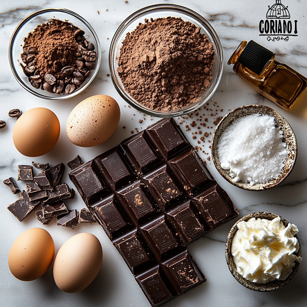 semi-sweet chocolate pieces, large whole eggs (one separated), white granulated sugar in small glass bowls, espresso powder in a tiny ceramic scoop, a small bottle of vanilla extract, pinch of salt in a minimalist dish, light whipped heavy cream in a delicate bowl, all neatly arranged on a clean white marble surface. The chocolate chunks are glossy and dark brown with rough textures, eggs smooth with warm beige tones, sugar sparkling white granules, espresso powder deep brown finely ground, vanilla extract amber in a clear glass bottle, salt crystals translucent, whipped cream fluffy and soft with gentle peaks. Balanced spacing with natural soft daylight illuminating each ingredient, subtle shadows adding depth, minimal props to keep focus on ingredients, arranged aesthetically with slight overlaps and varied heights for visual interest, fresh and inviting styling, overhead shot, top down view, flat lay photography, professional food styling --ar 1:1 --q 2 --s 750 --v 6.1
