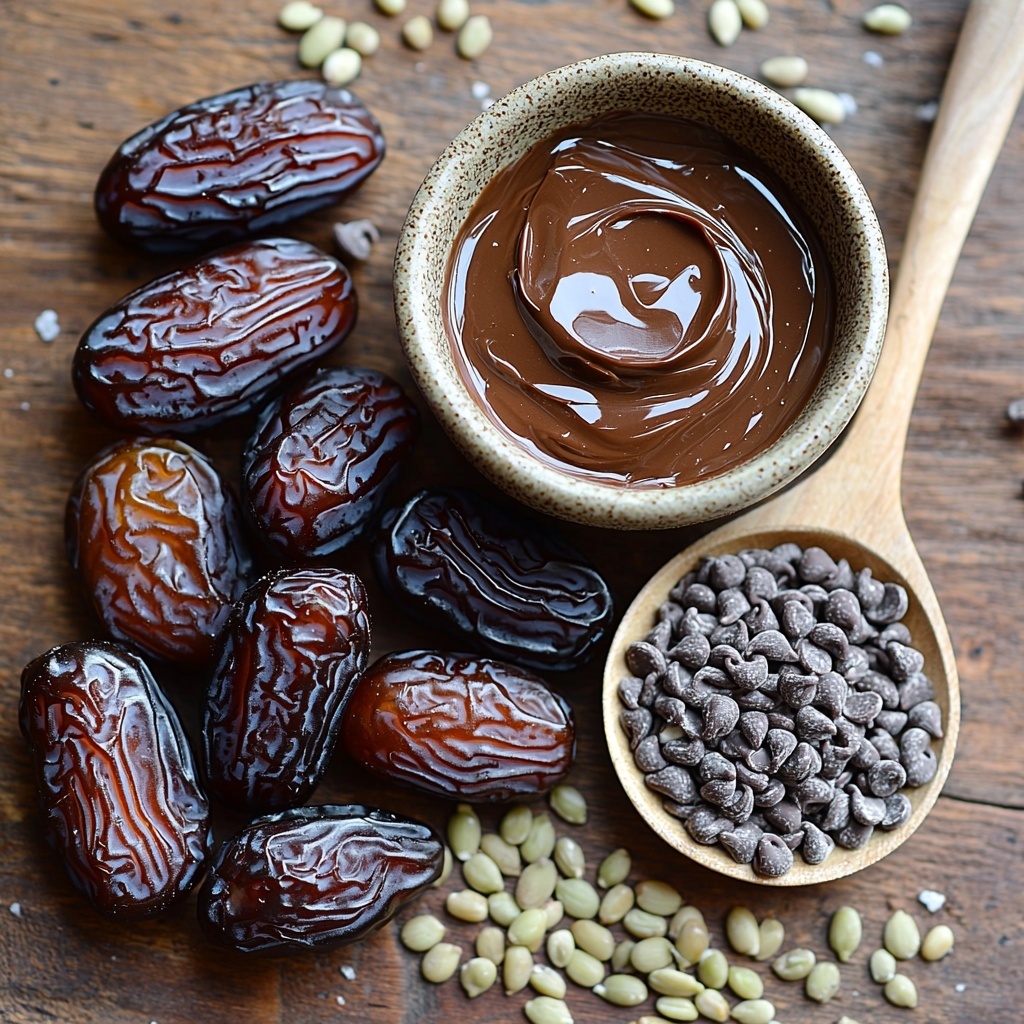 Medjool dates with rich, glossy dark brown skins, arranged whole and some sliced lengthwise showing their soft, golden interior and pitted centers; a small rustic bowl of creamy, smooth peanut butter with a few pumpkin seeds and hemp hearts mixed in, scattered lightly around the bowl for texture contrast; a neat pile of shiny extra dark chocolate chips glistening with their deep black-brown hue; a small glass bowl of melted dark chocolate mixed with coconut oil, glossy and fluid; a delicate wooden spoon resting beside the bowl; a small heap of flaky, crystalline maldon sea salt with its sparkling white texture; raw pumpkin seeds in their matte green tones scattered sparingly on the surface; a small mound of pale hemp seeds nearby adding subtle texture; all elements arranged thoughtfully on a clean, warm-toned wooden surface with soft natural light casting gentle shadows, highlighting the contrast between smooth, rough, glossy, and matte textures, with negative space for balance and an inviting, artisanal look — overhead shot, top down view, flat lay photography, professional food styling --ar 1:1 --q 2 --s 750 --v 6.1