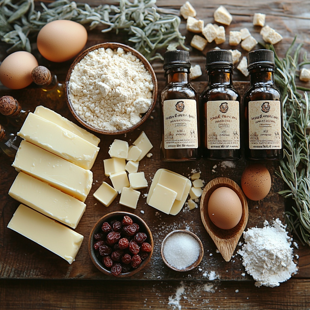 butter sticks melted in a small glass bowl, packed brown sugar spilling slightly from a wooden scoop, two fresh eggs with smooth shells, small glass bottles labeled orange extract and vanilla extract, ground ginger and baking powder in rustic ceramic spoons, a small pile of coarse salt crystals, a neat heap of all-purpose flour on parchment paper, glossy white chocolate chips scattered loosely, bright red dried Craisins in a tiny white bowl and some chopped Craisins on a wooden board, an 8 oz block of softened cream cheese on a marble slab with a butter knife, powdered sugar dusted lightly around, two squares of creamy white baking chocolate piece partially melted on a dark plate, arranged thoughtfully on a clean white surface with natural soft daylight, subtle shadows enhancing textures, warm and inviting tones, a mix of rough, powdery, smooth and glossy textures balanced for visual interest, minimalistic and airy styling with delicate sprigs of fresh herbs for contrast, overhead shot, top down view, flat lay photography, professional food styling --ar 1:1 --q 2 --s 750 --v 6.1