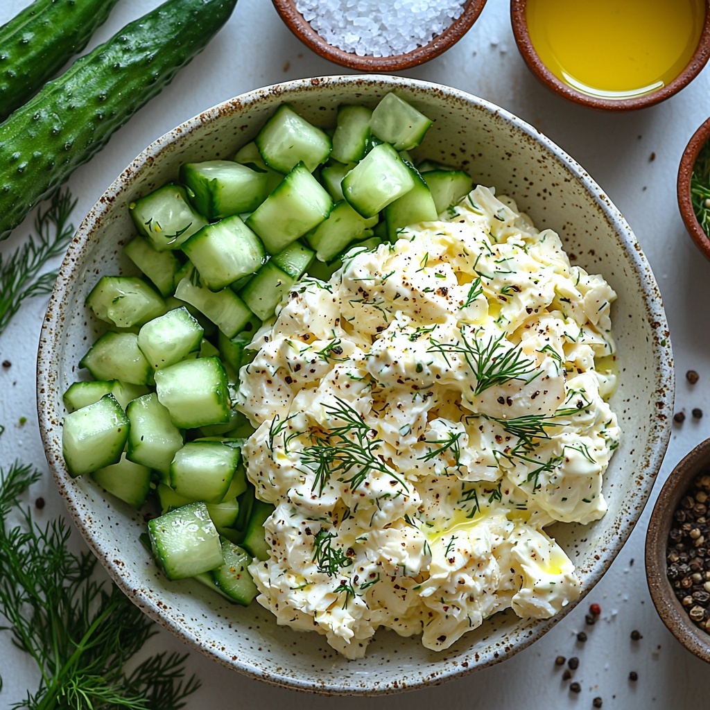 diced cucumbers in a small clear glass bowl, shredded crab meat piled neatly on a white ceramic plate, a small rustic bowl of creamy mayonnaise, a tiny dish with fresh chopped dill, a small ramekin of bright yellow lemon juice, coarse sea salt and cracked black pepper scattered artfully on the clean white surface, fresh green dill sprigs placed decoratively, natural soft daylight highlighting the fresh colors and textures, the cool green of cucumbers contrasting with the delicate pinkish-white crab meat and the smooth pale dressing, minimalistic modern styling with subtle shadows, clean and crisp presentation on a white textured background, overhead shot, top down view, flat lay photography, professional food styling --ar 1:1 --q 2 --s 750 --v 6.1