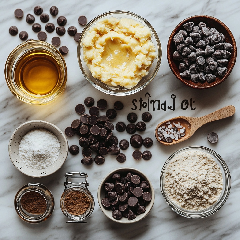 overhead flat lay of baking ingredients for soft and chewy banana chocolate chip cookies arranged neatly on a clean white marble surface, featuring a small ripe banana mashed in a small glass bowl with creamy texture, a clear measuring cup filled with golden light brown sugar tightly packed, a small bowl of smooth yellow egg yolk, a small glass jar with amber vanilla extract, a rustic white ceramic bowl holding all-purpose flour with soft powdery texture, a wooden spoon with fine baking soda, small heap of warm brown ground cinnamon powder, a pinch of coarse sea salt crystals on a tiny white dish, a clear glass bowl filled with glossy dark brown chocolate chips, a small glass container of golden vegetable oil, soft natural daylight casting gentle shadows, minimalistic and clean composition with subtle rustic accents like a wooden spoon and linen napkin, neutral tones with warm highlights, overhead shot, top down view, flat lay photography, professional food styling --ar 1:1 --q 2 --s 750 --v 6.1