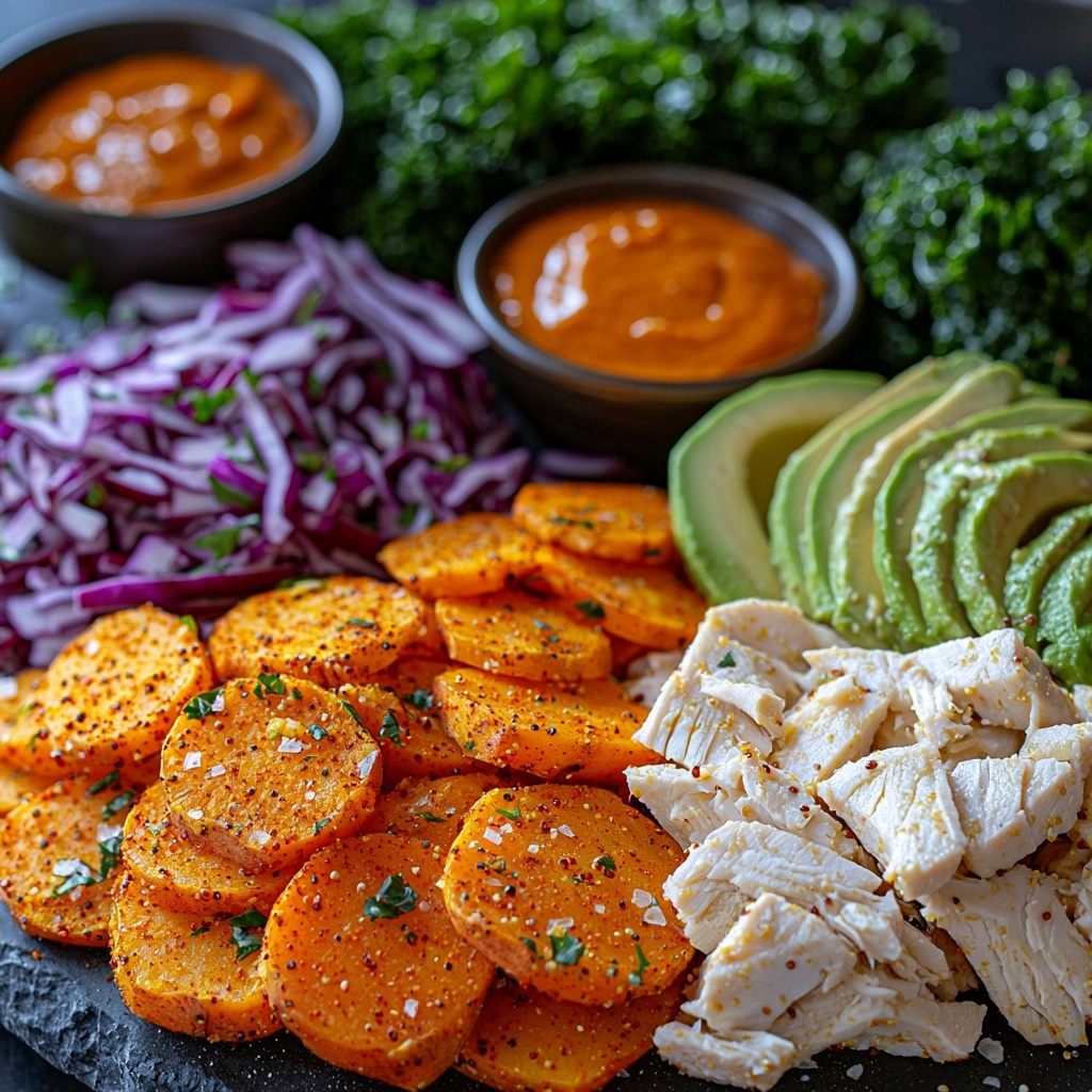 Sweet potato rounds, golden orange and roasted, arranged in a neat stack with a small drizzle of olive oil glistening on their surface; small bowls containing garlic powder, onion powder, smoked paprika, chili powder, and kosher salt, each with fine, vibrant textures; shredded rotisserie chicken piled loosely with tender, juicy strands; finely chopped deep green kale leaves scattered gently; cooked quinoa grains fluffy and pearly white in a small mound; thinly sliced bright purple-red onion fanned out delicately; shredded crisp red cabbage adding rich magenta hues; ripe avocado slices showcasing creamy light green flesh with smooth texture; a small bowl of creamy chipotle sauce with a pale orange color and velvety appearance; fresh torn cilantro leaves sprinkled around for fresh green accents; all ingredients beautifully spaced on a clean white surface to emphasize vibrant contrasting colors and varied textures, natural light highlighting freshness and warmth, subtle shadows adding depth, minimalist and elegant professional food styling, overhead shot, top down view, flat lay photography, professional food styling --ar 1:1 --q 2 --s 750 --v 6.1