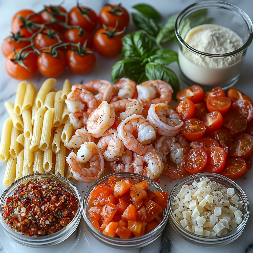 Twelve ounces of uncooked penne pasta sprinkled loosely on a clean white marble surface; bright pink jumbo shrimp, peeled and deveined, artfully fanned out beside the pasta; small glass bowls containing vibrant diced white onion, minced garlic cloves, deep red crushed tomatoes, and fire-roasted diced tomatoes with charred edges, each showing rich textures; fresh green basil leaves julienned and gently scattered; a small dish of golden extra-virgin olive oil catching the light; tiny piles of sea salt, freshly ground black pepper, crushed red pepper flakes, and dried oregano arranged neatly; a delicate pinch of granulated sugar in a porcelain spoon; a clear glass measuring cup with smooth, creamy off-white heavy cream; optional garnishes of finely grated Parmesan cheese and extra fresh basil leaves to add contrast; all ingredients spaced evenly on a pristine, matte white background that enhances their natural colors and textures, with soft natural lighting emphasizing freshness and depth, styled with minimal shadows for clean, airy elegance, overhead shot, top down view, flat lay photography, professional food styling --ar 1:1 --q 2 --s 750 --v 6.1
