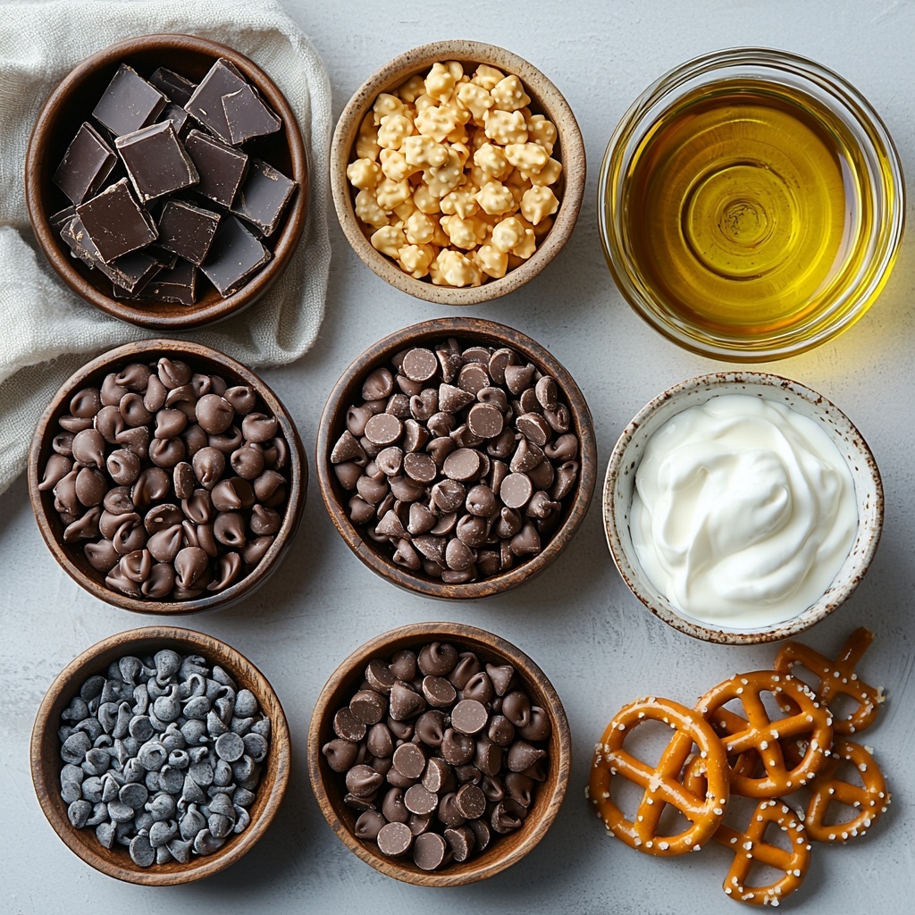 semi-sweet chocolate chips in a small glass bowl, glossy and dark brown, shiny vegetable oil in a tiny clear dish reflecting light, golden brown mini pretzel twists scattered loosely in a small wooden bowl showcasing their twisted texture, creamy caramel bits in a white ceramic bowl, smooth and soft, heavy whipping cream in a small glass measuring cup with a slight sheen, all ingredients neatly arranged on a clean, matte white surface with soft natural lighting highlighting the rich colors and varied textures, minimal shadows, gentle contrast, slight overhead angle emphasizing the shapes and details, subtle rustic props like a light linen napkin and a wooden spoon placed casually nearby for warmth and depth, overhead shot, top down view, flat lay photography, professional food styling --ar 1:1 --q 2 --s 750 --v 6.1