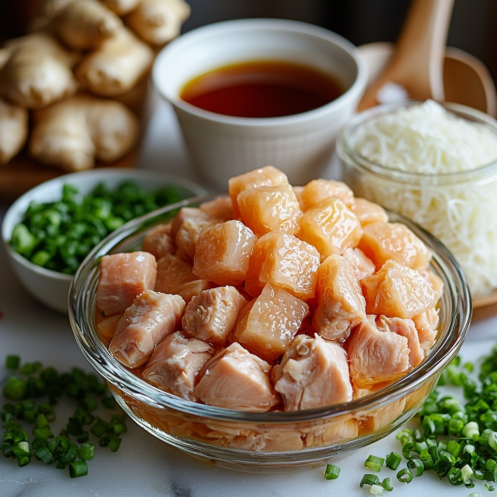 chicken thighs raw skin removed, pale pink with subtle texture, neatly stacked; clear glass bowl filled with translucent cellophane noodles soaking in water; white ceramic bowl of light golden low-sodium chicken broth; small dish of dark soy sauce with glossy surface; fresh green onions thinly sliced with vibrant green and white rings scattered artfully; tablespoon heap of finely grated fresh ginger bright yellow and fibrous; pinch of coarse kosher salt crystals sparkling white; all ingredients arranged spaced evenly on a clean white marble surface highlighting natural colors and textures, soft natural lighting enhancing freshness and contrast, minimal shadows, contemporary rustic styling with subtle props like a wooden spoon and linen napkin visible at edges, overhead shot, top down view, flat lay photography, professional food styling --ar 1:1 --q 2 --s 750 --v 6.1