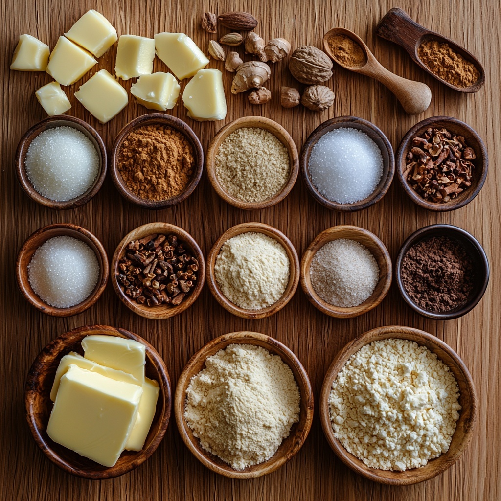 A clean, light wood surface arranged with the main ingredients for gingerdoodle cookies: a stick of unsalted butter softened and slightly glossy, small glass bowls containing granulated sugar, dark brown sugar with moist and crumbly texture, and rich, dark molasses with a thick sheen; a large egg with smooth, warm brown shell; small rustic ceramic spoons holding ground ginger, cinnamon, and cloves—powders in warm golden-brown and reddish hues; a tiny bowl of fine sea salt, a small dish of cream of tartar, a pinch of baking soda powder; a neat mound of all-purpose flour with a soft, powdery texture; alongside a small bowl mixing granulated sugar with ground cinnamon showing a speckled, sandy blend. The ingredients are spaced evenly with soft natural light casting gentle shadows, emphasizing the variety of textures and warm earthy tones. Simple linen cloth and a wooden scoop add subtle rustic charm. The composition is minimalistic yet inviting, styled for clarity and warmth, overhead shot, top down view, flat lay photography, professional food styling --ar 1:1 --q 2 --s 750 --v 6.1