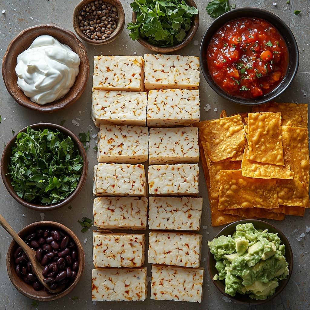 /Imagine prompt: A clean, bright surface featuring the main ingredients for vegan enchiladas arranged deliberately for flat lay food photography. Included are a small puddle of golden olive oil in a rustic glass container, a block of firm tempeh with a few broken chunks beside it showing its textured, nutty interior, a small bowl of finely chopped translucent white onion, and a separate dish with minced garlic cloves, pale and fresh. Nearby, a bowl of glossy black beans with a slight sheen, and a small set of spice dishes containing warm-hued ground cumin, deep red paprika, and a tiny dish with dark amber liquid smoke. A compact bowl of dark soy sauce, some coarse salt scattered neatly on a tiny white plate, and a generous pile of shredded creamy off-white vegan cheese add softness to the scene. Stacked nearby are soft, pale beige flour tortillas with slight rustic cracks, alongside a bowl of vibrant deep red enchilada sauce with a smooth texture. For a pop of fresh green contrast, small bowls hold shredded lettuce, bright green guacamole, fiery red salsa, dollops of thick white vegan sour cream, and sprigs of fresh cilantro. The ingredients are arranged harmoniously with natural daylight illuminating colors and textures, casting soft shadows to create depth and warmth. The background is a neutral matte surface that enhances the vibrant colors, styled with subtle props such as linen napkins and wooden utensils to evoke a cozy, inviting kitchen atmosphere. Overhead shot, top down view, flat lay photography, professional food styling --ar 1:1 --q 2 --s 750 --v 6.1