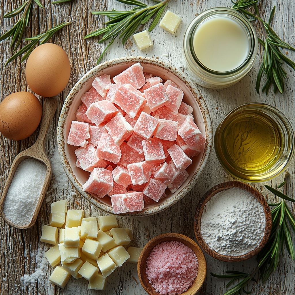 Rhubarb stalks chopped finely in a small white bowl, three fresh green rosemary twigs laid neatly beside it, a small glass cup with white chocolate chunks scattered around, a medium wooden scoop filled with pale off-white all-purpose flour, a small heap of white baking powder and baking soda powders on a rustic ceramic dish, two piles of granulated sugar - one small and one medium-sized - on a clean linen cloth, a small pinch of salt crystals sprinkled artfully, a glass jar of creamy pale yellow buttermilk, an egg with its smooth shell intact, a clear bottle of neutral oil with golden liquid inside, a small glass measuring cup containing milky full-fat milk with rosemary steeping, a vanilla extract bottle with a dark amber liquid, a bowl of soft light yellow butter, a bowl filled with pristine white icing sugar, a small dish with vibrant pink food color gel, all arranged carefully on a matte white surface with natural soft daylight casting gentle shadows, textures contrasting between powdery, creamy, and glossy, a light wooden spoon and a pastel blue spatula placed casually nearby to add stylistic interest, subtle green rosemary leaves scattered for freshness, clean, airy, and inviting composition — overhead shot, top down view, flat lay photography, professional food styling --ar 1:1 --q 2 --s 750 --v 6.1