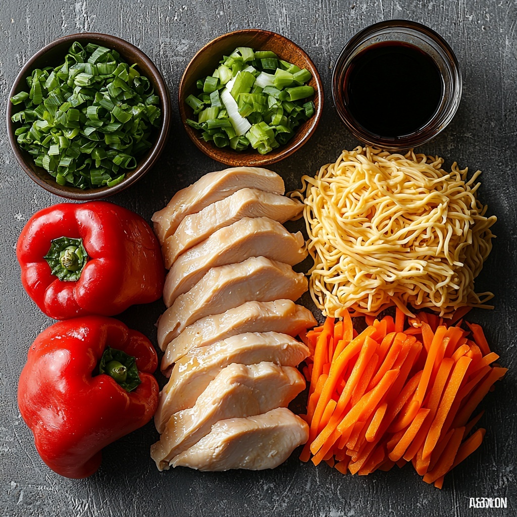 A clean white textured surface featuring an artistic flat lay arrangement of ingredients for Chicken Lo Mein: four boneless, skinless chicken breasts raw and neatly trimmed, fresh and plump; a bundle of fresh lo mein noodles, pale golden and slightly tangled; one vibrant red bell pepper and one bright yellow bell pepper, both whole with smooth glossy skin; two thinly sliced carrot rounds showcasing their bright orange color and crisp texture; chopped green onions scattered in a small rustic bowl with some loose pieces nearby; three cloves of fresh garlic, lightly crushed to reveal their white interiors; a small glass bowl filled with dark, glossy low-sodium soy sauce; and a petite dish containing rich amber sesame oil. Soft natural light casts gentle shadows enhancing the vivid colors and varied textures, with subtle props like a wooden chopstick set and a linen napkin in neutral tones placed off to the side for added warmth and context. The overall composition is balanced, vibrant, and inviting, emphasizing freshness and quality ingredients. Overhead shot, top down view, flat lay photography, professional food styling --ar 1:1 --q 2 --s 750 --v 6.1