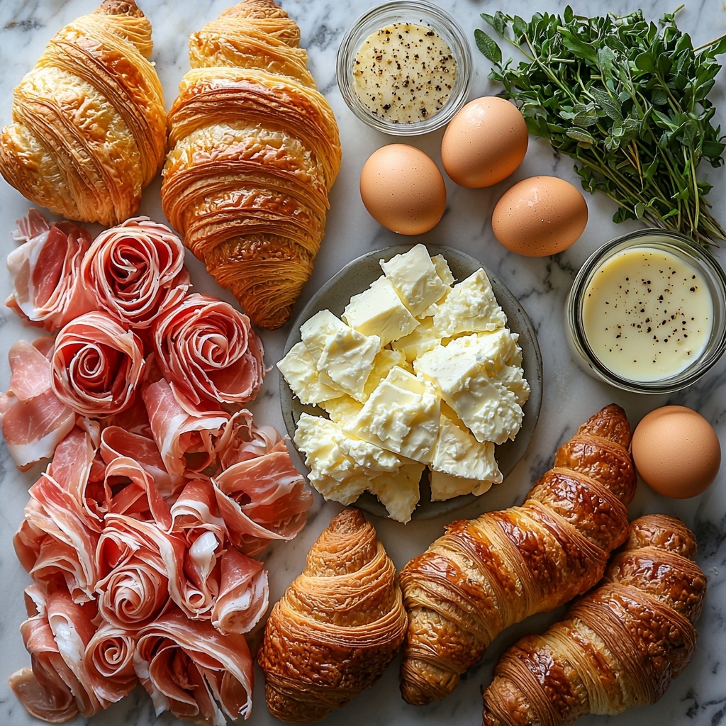 A bright, clean flat lay of all the main ingredients for a French croissant breakfast bake arranged artfully on a smooth white surface. Include 8 golden, flaky croissants whole and cut into pieces showing their airy, layered texture; 6 slices of pink deli ham folded into delicate rosettes; a small wedge and some grated shreds of pale yellow Gruyère cheese; 6 large brown eggs with smooth shells; a clear glass measuring cup filled with creamy, off-white half-and-half; a small white bowl with bright yellow Dijon mustard; a tiny bowl of coarse kosher salt crystals; a small black bowl with freshly ground black pepper specks; a small bowl with melted golden butter shimmering slightly; a fresh garlic clove finely grated on a wooden spoon; and a scattering of finely chopped fresh green herbs - chives, rosemary, thyme. Arrange ingredients spaced evenly but naturally, some overlapping slightly to add depth. Use soft natural lighting to emphasize textures—the croissants’ flaky layers, the glossy eggshells, the grated cheese’s delicate strands, and the fresh herbs’ vibrant green hues. Minimal props, clean lines, subtle shadows, and a neutral background keep the focus entirely on the ingredients. Overhead shot, top down view, flat lay photography, professional food styling --ar 1:1 --q 2 --s 750 --v 6.1