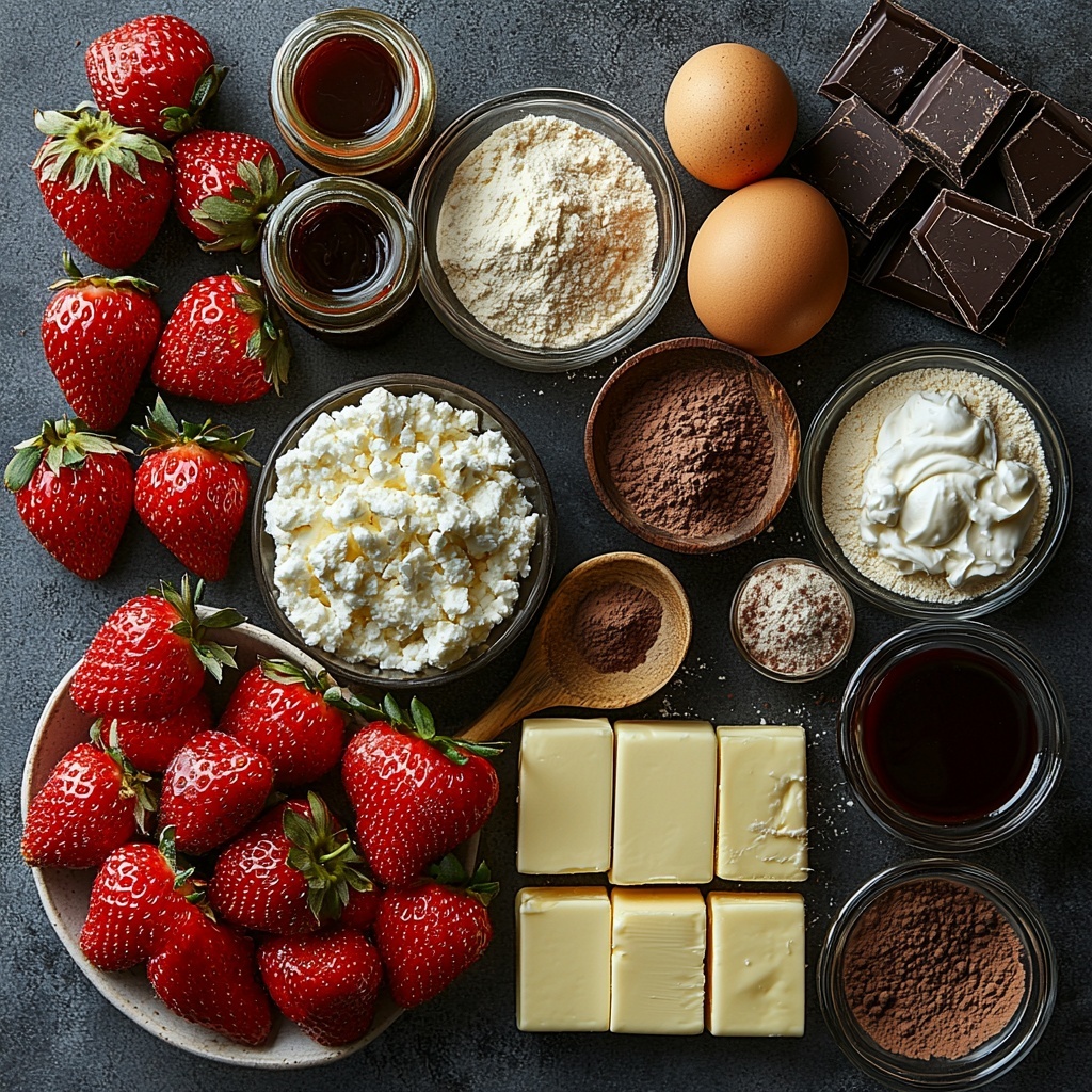 Strawberries fresh and halved with bright red color and glossy texture, diced fresh strawberries in a small bowl showing vibrant red specks, smooth white cream cheese block softened and slightly creamy, melted golden butter in a small glass bowl with a shiny surface, granulated white sugar in a neat pile and in a glass container, large brown eggs whole with smooth shells, vanilla extract in a small clear bottle with amber liquid, rich dark unsweetened cocoa powder spread lightly in a small dish showing deep brown velvety texture, all-purpose flour loosely heaped with fine white powder, small bowls containing salt and baking powder, sour cream in a clear bowl showing creamy texture with slight gloss, strawberry puree or jam in a small rustic bowl with a glossy, deep red swirl, melted dark chocolate in a ramekin with shiny smooth surface—all ingredients arranged methodically on a clean white matte surface, each item spaced evenly and aesthetically, some ingredients partially overlapping wooden spoons and glass bowls, soft natural lighting casting gentle shadows, minimalistic styling with a fresh and vibrant feel, colors and textures emphasized to highlight contrast between smooth cream cheese, powdery flour, and juicy strawberries, overhead shot, top down view, flat lay photography, professional food styling --ar 1:1 --q 2 --s 750 --v 6.1