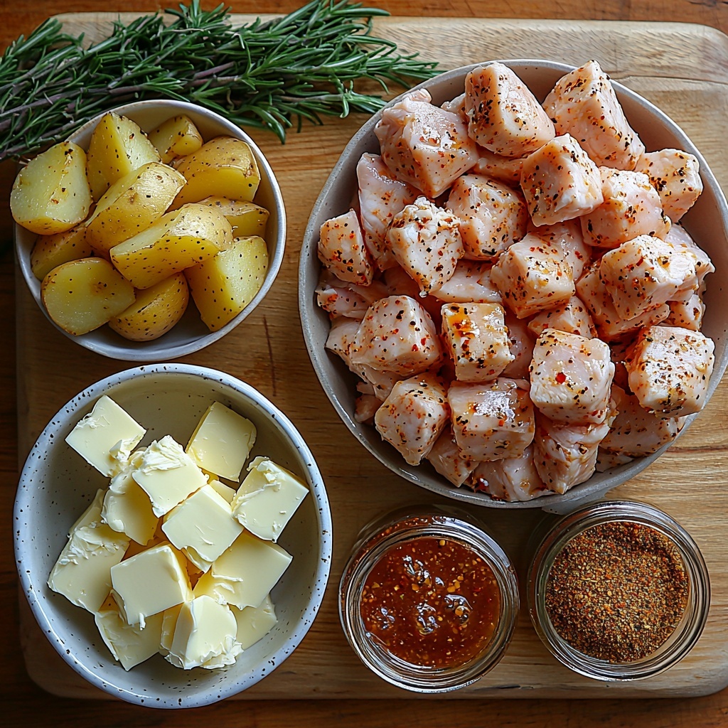 A clean, light wooden surface neatly arranged with the main ingredients for Garlic Parmesan Chicken and Potatoes: raw cubed chicken breasts in a small ceramic bowl, peeled and cubed russet potatoes scattered loosely in a rustic white bowl, a small glass dish of golden olive oil with a sprig of rosemary nearby, small open bowls containing coarse salt, cracked black pepper, paprika, garlic powder, onion powder, and Italian seasoning arranged in a semi-circle, a square pat of creamy butter on a white ceramic plate, a small mound of finely minced fresh garlic on a wooden cutting board, a jar of rich, creamy Buffalo Wild Wings Garlic Parmesan Sauce with the lid off, and a small bowl filled with shredded mozzarella cheese showing its soft, stringy texture. The natural colors range from warm golden yellows and deep reds of the paprika and potatoes, soft pinkish chicken cubes, fresh white garlic, to the vibrant green of a parsley garnish placed nearby. Soft, natural light illuminates the scene with gentle shadows creating depth; the styling is minimalistic and rustic with a focus on texture contrast—the roughness of the potatoes and seasonings against smooth bowls and glossy cheese. Overhead shot, top down view, flat lay photography, professional food styling --ar 1:1 --q 2 --s 750 --v 6.1