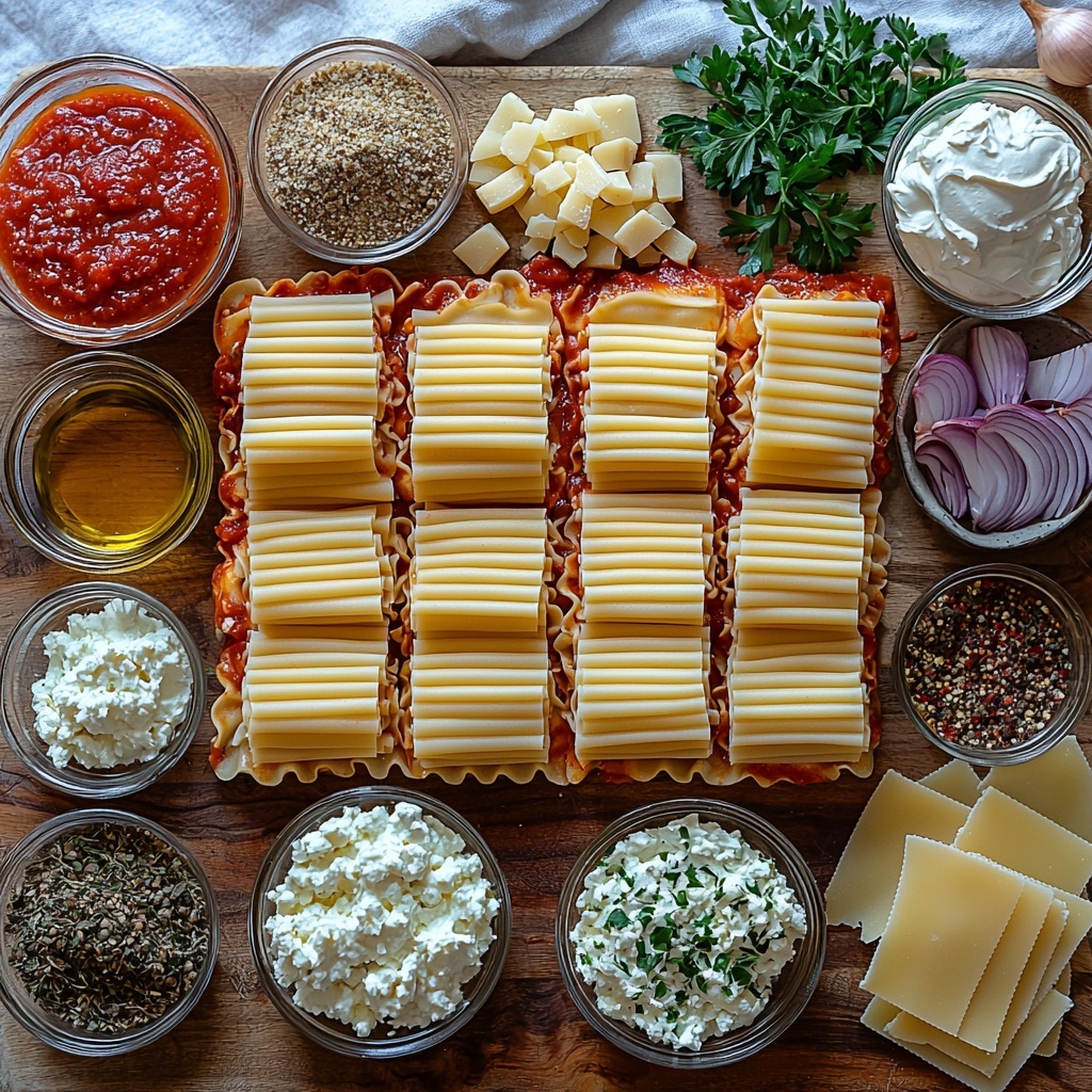 ultimate creamy beef lasagna ingredients arranged neatly on a clean white surface: a small glass bowl of golden olive oil, a medium onion finely diced with some whole onion halves nearby, three garlic cloves whole and minced arranged artistically, raw ground beef portioned into a rustic mound on parchment, small bowls with salt and black pepper, colorful dried Italian seasoning and paprika in tiny dishes, a vibrant bowl of rich red marinara sauce with visible tomato texture, a stack of twelve cooked lasagna noodles slightly curled at edges, a creamy mixture bowl showing smooth blend of ricotta cheese, softened cream cheese, and sour cream with fresh chopped parsley sprinkled on top, a small pile of shredded mozzarella cheese with fluffy texture, grated Parmesan cheese in a neat heap on a wooden spoon, sprigs of fresh green parsley adding fresh contrast -- all arranged symmetrically with natural soft lighting highlighting the varied textures and colors, minimal shadows, styled with rustic wooden cutting board and a linen napkin for warmth, overhead shot, top down view, flat lay photography, professional food styling --ar 1:1 --q 2 --s 750 --v 6.1
