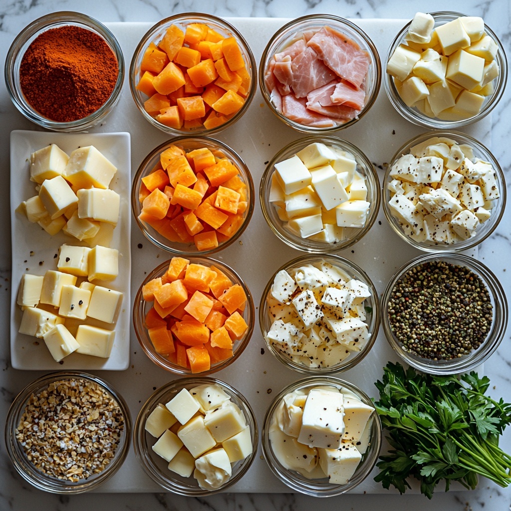 A clean white marble surface with the main ingredients for Chicken Cordon Bleu Soup neatly arranged in a balanced flat lay: a small mound of unsalted butter in a clear glass dish, a small diced yellow onion with vibrant yellow and white pieces, two bright orange diced carrots, and two stalks of diced celery showing fresh green hues. A small white bowl with minced garlic, a heap of paprika powder in deep red, a small pile of coarse salt crystals and ground black pepper nearby. A large clear measuring cup filled with golden chicken broth, a pint jar of thick heavy cream with a creamy white color, and a small bowl with smooth yellow dijon mustard. On one side, cooked cubed chicken pieces in white and light brown tones next to cubed pink ham, and soft cubes of cream cheese with a silky texture on a white plate. Additionally, shredded pale yellow Swiss cheese scattered artfully on parchment paper, and golden brown homemade croutons in a small rustic bowl. The ingredients are spaced evenly with natural light highlighting their fresh textures and vibrant colors, with minimal shadows, styled to showcase each element clearly. Overhead shot, top down view, flat lay photography, professional food styling --ar 1:1 --q 2 --s 750 --v 6.1