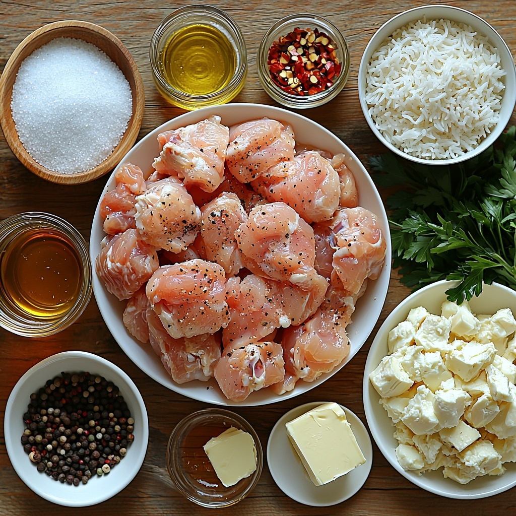 Chicken thighs (skinless, boneless) raw, lightly dusted with cornflour (cornstarch) powder; small white bowl of fine white cornflour; rustic heap of sea salt crystals; black peppercorns scattered; small glass jar of golden vegetable oil; pat of creamy unsalted butter on a wooden butter knife; fresh cloves of garlic, some whole and some minced in a tiny white ceramic bowl; small clear bowl of rich amber honey; clear measuring cup with light golden chicken stock; small white bowl with pale rice vinegar; light soy sauce in a delicate glass container with a dark brown tint; fresh bright green finely chopped parsley on a white plate; vibrant red chilli flakes on a small dish; fluffy white boiled rice in a neat mound on a simple white plate. All ingredients carefully arranged on a smooth, clean light wood surface with soft natural lighting, slight shadows for depth, high contrast to emphasize textures—glossy honey, soft butter, coarse salt, shiny soy sauce, and fresh herbs. Composition balanced, visually inviting with pops of color and contrasting textures, styled for professional food photography. overhead shot, top down view, flat lay photography, professional food styling --ar 1:1 --q 2 --s 750 --v 6.1