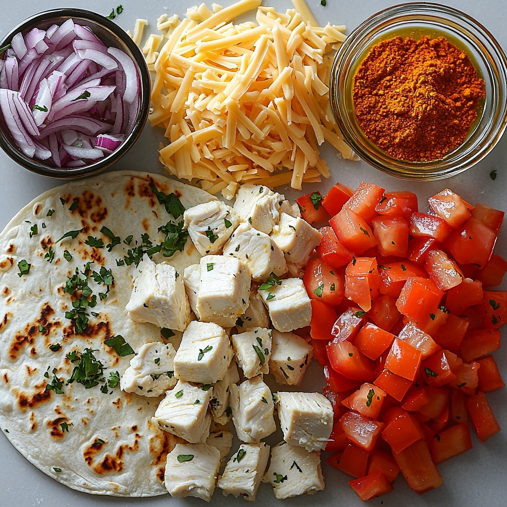 /Imagine a clean white surface neatly arranged with the main ingredients for chicken quesadillas: small cubes of raw chicken breast, bright diced red bell pepper, finely diced white onion, a small rustic pile of golden olive oil in a glass bowl, a vibrant orange-brown packet of taco seasoning, a generous mound of shredded creamy Monterey Jack cheese with soft texture, and four large soft flour tortillas stacked and slightly fanned out. The ingredients are spaced evenly with natural shadows enhancing their textures—the glossy chicken pieces, the crisp edges of the diced vegetables, the fluffy cheese strands, and the smooth, rustic flour tortillas. Scattered around are a few stray cheese shreds and tiny herb leaves for an organic touch. The lighting is soft and natural, highlighting the fresh colors and making the scene inviting and appetizing. Overhead shot, top down view, flat lay photography, professional food styling --ar 1:1 --q 2 --s 750 --v 6.1