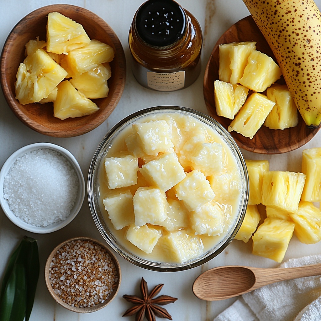coconut milk in an open can with creamy white liquid visible, small glass bowl of short grain white rice showing shiny grains, tiny white ceramic dish with golden granulated sugar, small bottle of vanilla extract with amber liquid inside, whole star anise with dark brown spiky texture, pinch of fine salt in a tiny dish, fresh pineapple chunks bright yellow with moist texture in a rustic white bowl, half a ripe banana with smooth pale yellow skin and creamy interior visible, all ingredients neatly arranged on a clean, matte white surface with soft natural light casting gentle shadows, subtle hints of tropical greenery placed around edges for a fresh vibe, emphasis on contrasting textures and vibrant colors, space between items for balanced composition, slight rustic props such as wooden spoon and linen napkin nearby for warmth and authenticity, overhead shot, top down view, flat lay photography, professional food styling --ar 1:1 --q 2 --s 750 --v 6.1