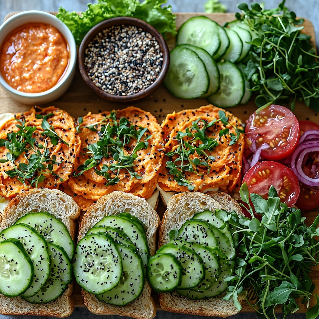 A clean, bright flat lay of fresh sandwich ingredients arranged neatly on a light wooden surface. Eight slices of rustic whole grain bread with visible seeds and grains are fanned out on one side. Small bowls hold vibrant red pepper hummus with a creamy texture, and smooth pale vegan mayonnaise. Fresh, crisp green sprouts and microgreens are loosely piled, showcasing delicate leaves and slender stems. Thin slices of pickled jalapenos and translucent pink pickled onions are arranged in small heap nearby, adding pops of bright green and soft pink hues. Large, crisp red leaf lettuce and green leaf lettuce leaves are artfully spread, their ruffled edges and varying shades of green adding texture and depth. Slices of cucumber reveal moist pale green interiors with dark green skin, arranged in a slightly overlapping row. Juicy red tomato slices with visible seeds and gloss are lightly sprinkled with coarse everything bagel seasoning and flecks of black pepper and salt, adding contrast. A small wooden spoon rests near the seasoning for a natural touch. The overall composition is balanced and inviting, with ample negative space and natural daylight highlighting the fresh colors and textures. Overhead shot, top down view, flat lay photography, professional food styling --ar 1:1 --q 2 --s 750 --v 6.1