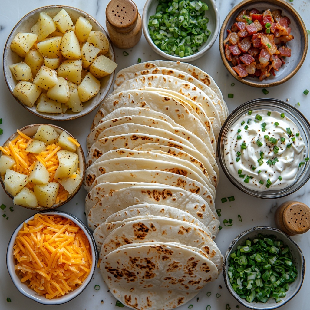 A clean white marble surface with the main ingredients for loaded cheesy potato burritos carefully arranged in an artistic flat lay: peeled and diced russet potatoes in a small rustic bowl showcasing their creamy off-white and soft yellow hues; a small white dish filled with bright orange shredded cheddar cheese; a sleek glass bowl of smooth, creamy white sour cream; tiny bowls with vibrant reddish paprika powder, beige garlic powder, and light brown cumin powder sprinkled beside each other; salt and pepper shakers adding subtle monochrome contrast; four large soft, off-white flour tortillas neatly fanned out with slight natural folds; a small bowl of crispy, golden-brown cooked bacon bits; a small white ramekin filled with freshly chopped green onions, the vivid green tops contrasting with the white parts; all ingredients spaced evenly with natural shadows, highlighting varying textures from smooth sour cream to flaky bacon and powdery spices; minimalistic styling with a few scattered green onion slices and a small wooden spoon resting by the sour cream for added warmth and depth; natural lighting from the top left corner enhancing the textures and colors. overhead shot, top down view, flat lay photography, professional food styling --ar 1:1 --q 2 --s 750 --v 6.1
