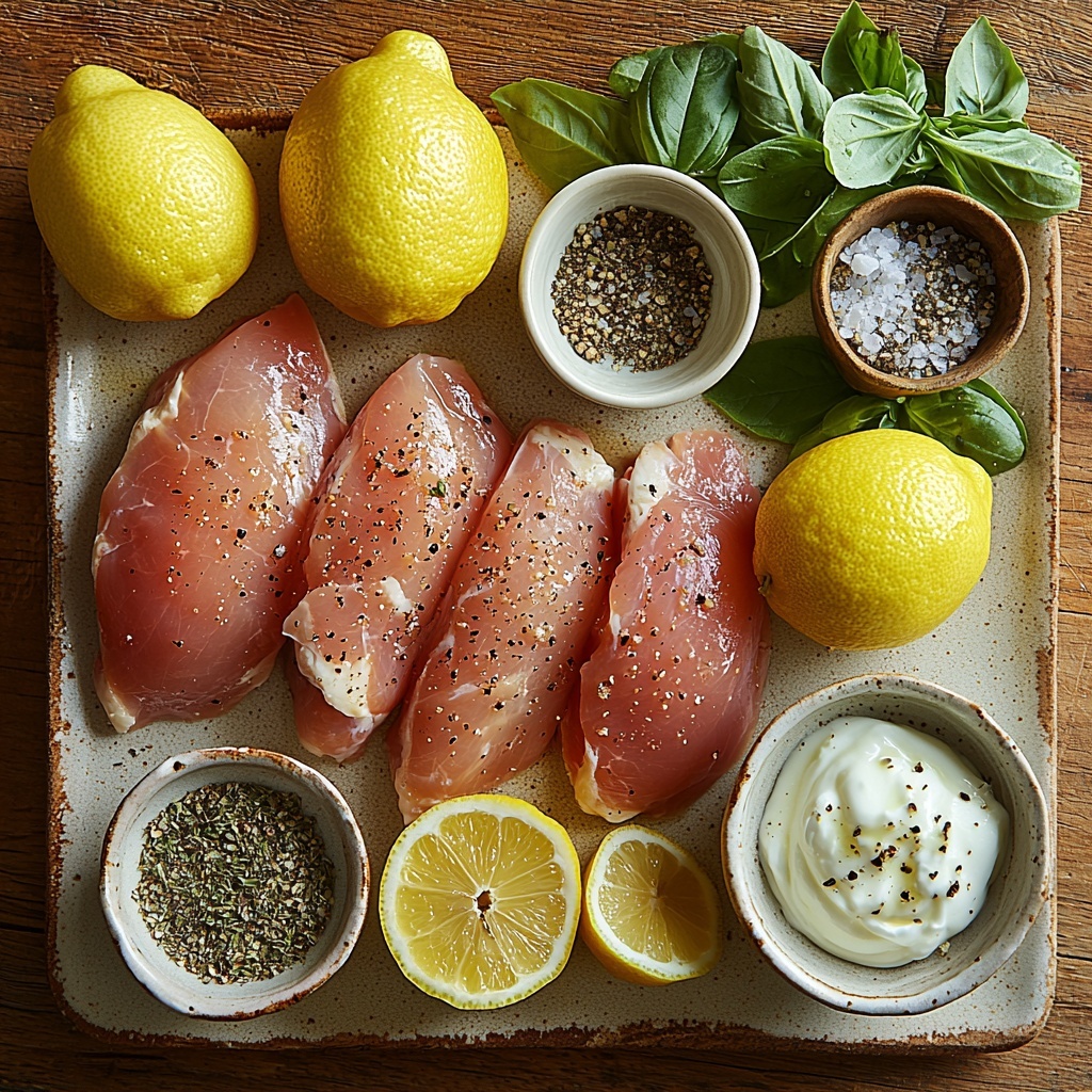 /Imagine prompt: A clean, light wooden surface neatly arranged with the main ingredients for a Greek chicken marinade. Four raw chicken breasts with a smooth, pale pink texture placed on a rustic ceramic plate. Nearby, a small glass bowl filled with golden extra-virgin olive oil reflecting soft light. Two bright yellow lemons—one whole and one halved showing juicy pulp—rest on fresh green leaves. Five garlic cloves, some whole and some finely minced on a wooden cutting board, display their creamy white color and papery skins. A small white ramekin holds thick, creamy Greek yogurt with a slight sheen. A tiny bowl contains dried oregano, showing delicate, olive-green flakes. Next to it, small piles of sea salt crystals and freshly ground black peppercorns add texture and contrast. A small drizzle of amber honey glistens in a tiny dish. The ingredients are spaced evenly with natural daylight enhancing vibrant colors and varied textures, styled simply with minimal shadows and a fresh, rustic vibe. overhead shot, top down view, flat lay photography, professional food styling --ar 1:1 --q 2 --s 750 --v 6.1