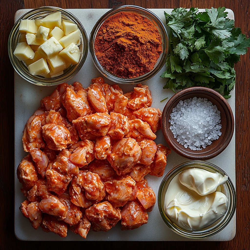 A clean white marble surface with all main ingredients for homemade butter chicken artfully arranged in a balanced flat lay: raw boneless, skinless chicken thighs cut into bite-sized pieces on a small rustic wooden board, a small vintage glass bowl of golden melted butter, finely chopped translucent onion scattered loosely beside a heap of minced garlic and ginger on a delicate white ceramic dish; vibrant spice bowls containing warm-toned powders – deep reddish-brown garam masala, earthy cumin, bright yellow turmeric, rusty chili powder, and aromatic coriander; a can of crushed tomatoes with rich red texture visible, a small glass pitcher of creamy off-white heavy cream, sea salt crystals sprinkled near a wooden spoon, and fresh vibrant green cilantro sprigs carefully placed for contrast. Natural soft daylight highlights the varied textures from smooth cream to gritty spices and tender raw chicken, subtle shadows add depth, minimal rustic props, neutral color palette emphasizing the vividness of spices and herbs, natural and inviting atmosphere. overhead shot, top down view, flat lay photography, professional food styling --ar 1:1 --q 2 --s 750 --v 6.1