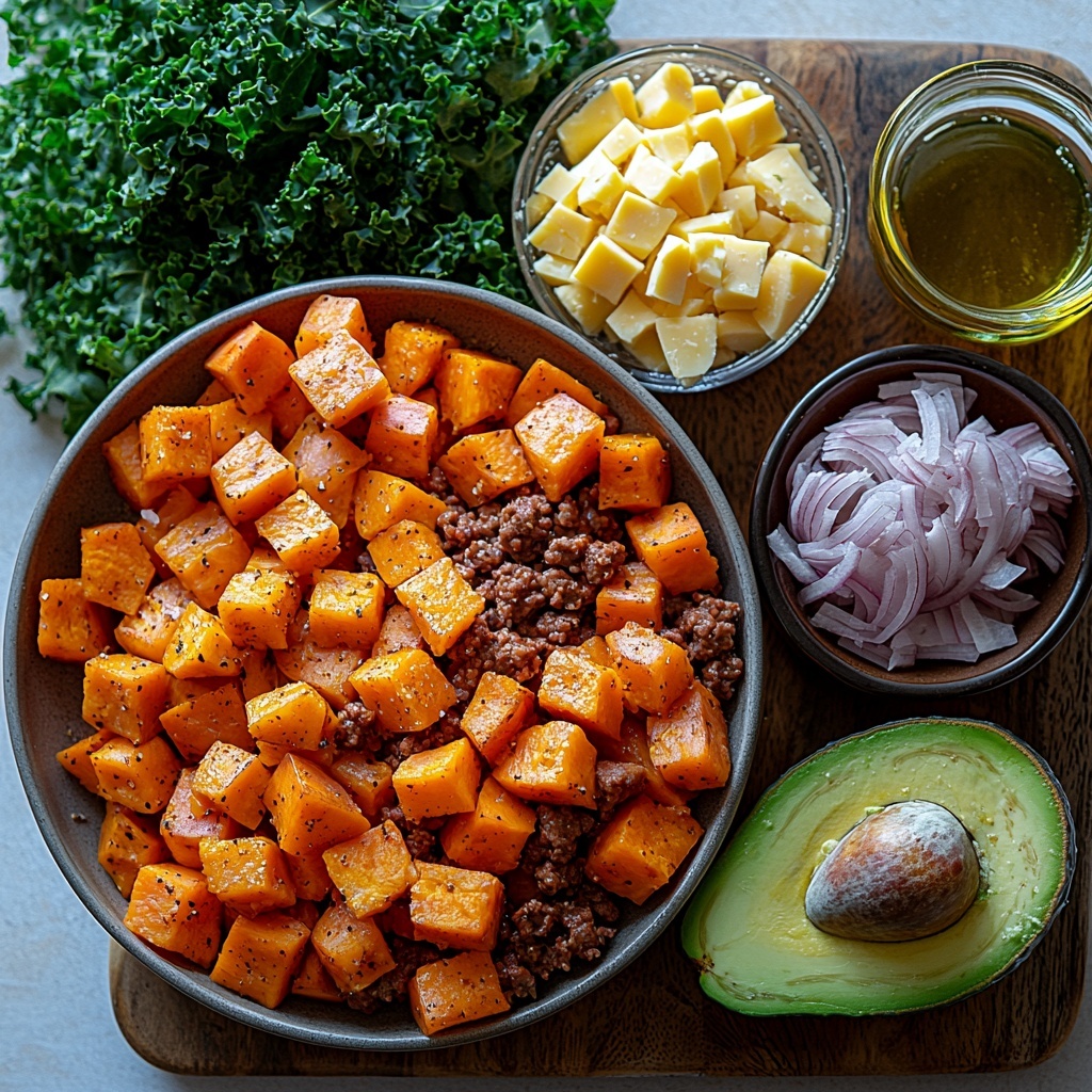 /Imagine prompt: A clean white surface elegantly arranged with the main ingredients for a Southwest Ground Beef Sweet Potato Skillet. Includes a small bowl of lean ground beef (90/10), raw and rich reddish-brown, next to a heap of finely diced small onion with translucent white and pale purple hues. Nearby, a small glass bowl with golden olive oil gleams under soft lighting. Bright orange sweet potato cubes are neatly piled, showing their smooth, vibrant texture. Two cloves of garlic, peeled and whole, with a slightly rough white papery surface, rest alongside a small dish with a blend of chili powder (deep red), cumin (earthy tan), kosher salt (crystalline white), garlic powder (fine off-white), and red pepper flakes (speckled red). A mound of shredded kale shows deep green leafy texture with a slight crinkle, while a small bowl of shredded cheddar cheese presents rich yellow-orange curls. Fresh chopped cilantro leaves spill loosely on the surface, bright green and feathery. A perfectly ripe avocado is sliced, showcasing its creamy pale green flesh and dark green-black skin. The arrangement is balanced with spacing, natural light highlighting vibrant colors and textures, subtle shadows adding depth. Styled simply yet artfully, with minimal props, evoking freshness and wholesome ingredients. overhead shot, top down view, flat lay photography, professional food styling --ar 1:1 --q 2 --s 750 --v 6.1
