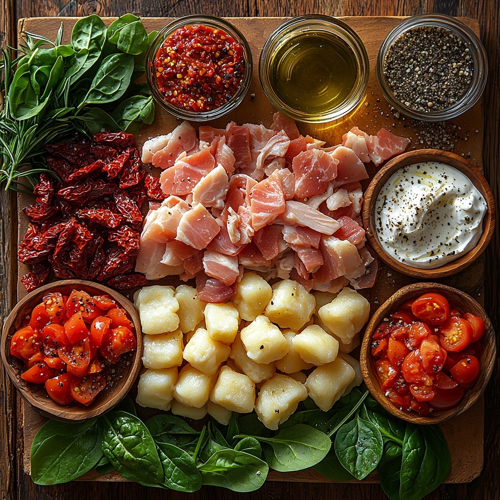 4 slices thick-cut bacon chopped, 1 yellow onion chopped, 2 red bell peppers chopped, 3 tablespoons Italian seasoning herbs, small bowl of chili flakes, sea salt and black peppercorns in rustic wooden spoons, 1 can 28-ounce crushed tomatoes with bright red rich texture, 4 cups golden broth in a clear glass measuring cup, 1 pound raw chicken breasts or thighs, fresh green baby spinach leaves loosely piled, 1/2 cup oil-packed sun-dried tomatoes with deep red wrinkled texture in a small white bowl, 1 pound fresh potato gnocchi with pillowy soft texture arranged neatly, 1 cup whole milk or heavy cream in a small glass jug, 1/2 cup grated mozzarella or provolone in a small ceramic bowl, 1/2 cup grated parmesan cheese in a rustic dish, fresh sprigs of chopped rosemary scattered. Ingredients are spread out evenly on a clean light wooden surface with natural daylight enhancing vibrant reds, greens, and creamy whites. Textures contrast from smooth and creamy to wrinkled and fresh leafy, styled with minimal shadows and plenty of negative space. Overhead shot, top down view, flat lay photography, professional food styling --ar 1:1 --q 2 --s 750 --v 6.1