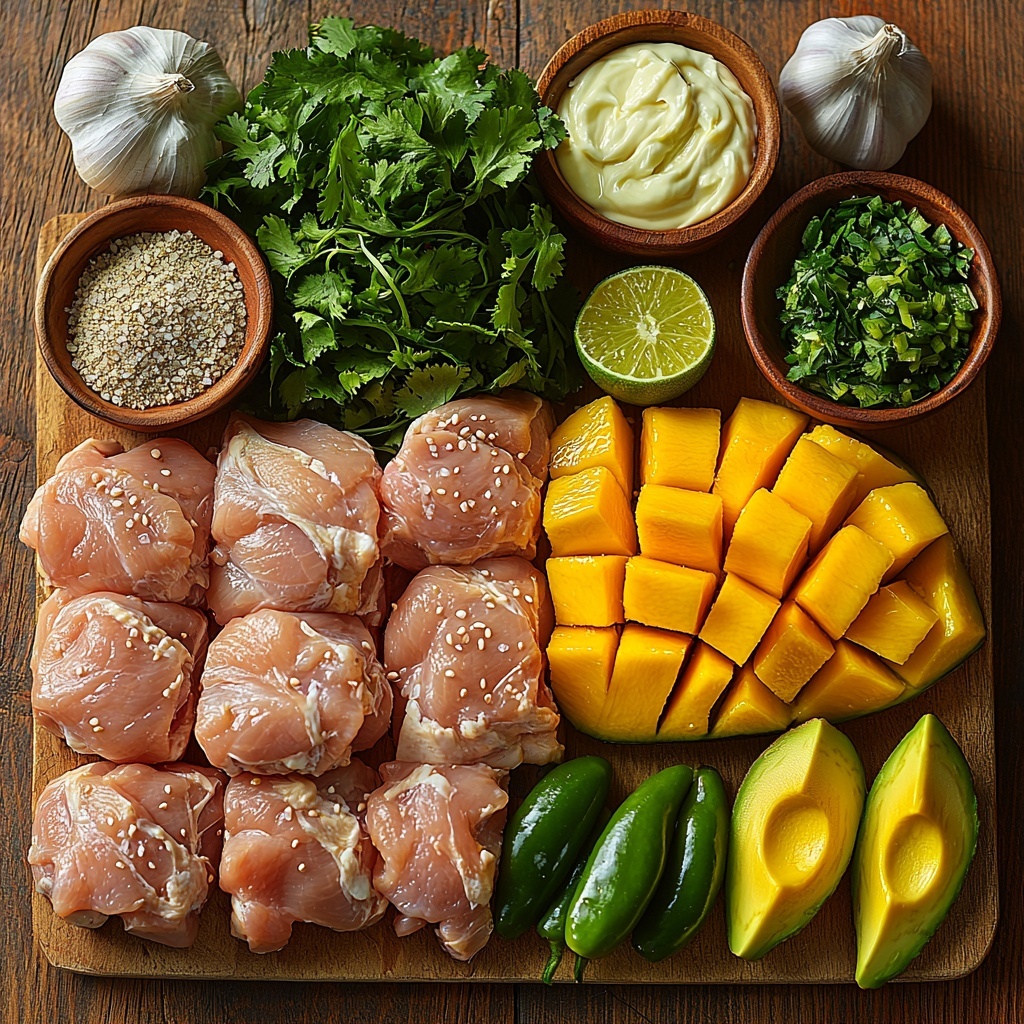 A vibrant flat lay of the main ingredients for Peruvian Chicken with Creamy Green Sauce, arranged neatly on a clean light wooden surface. Include raw chicken thighs and breasts with smooth, pale pink skin; a small bowl of golden olive oil or melted butter with a glossy surface; six whole garlic cloves with papery white skins; chopped bright green jalapeño pieces and two whole jalapeños with smooth shiny surfaces; small piles of warm reddish-brown smoked paprika and earthy beige ground cumin powders; a sprinkle of coarse salt and cracked black peppercorns; a bunch of fresh, bright green chopped cilantro and parsley with delicate leaf textures; a ripe mango cut into vibrant orange-yellow cubes; a halved avocado showing creamy pale green flesh and dark rough skin; a small bowl of thick white mayo and another of creamy Greek yogurt with smooth textures; fresh lime juice in a clear glass container with a hint of vivid green-yellow; and a small dish of glossy toasted sesame oil with a rich amber color. Arrange ingredients in color-contrasting clusters with natural spacing, some ingredients spilling slightly for a casual yet refined look. Soft natural lighting highlights textures and freshness, with gentle shadows adding depth. Include light linen napkin and rustic wooden spoon as minimal props to enhance warmth without clutter. overhead shot, top down view, flat lay photography, professional food styling --ar 1:1 --q 2 --s 750 --v 6.1