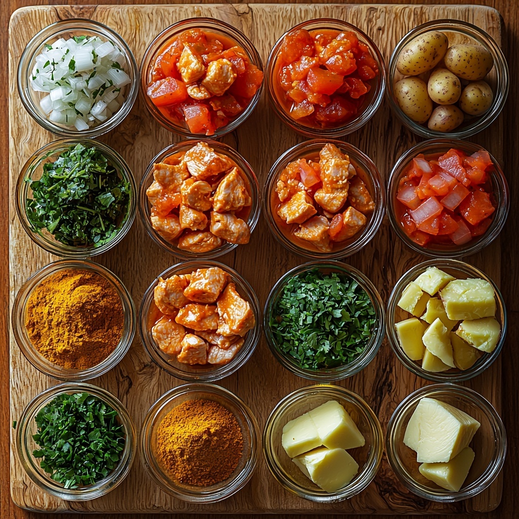 A clean, light wooden surface with the main ingredients for slow cooker chicken curry neatly arranged in an aesthetically pleasing flat lay. Small glass bowls filled with vibrant red tomato puree, warm golden turmeric powder, bright green finely chopped coriander and green chilli, and deep brown garam masala powder. Fresh, uncooked skinless, boneless chicken thighs cut into 1-inch pieces with a subtle pink hue placed next to halved baby potatoes showing their creamy white interiors. A small pile of finely chopped white onions and minced garlic with a glossy texture. A tablespoon of golden oil glistening in a tiny glass dish. Whole spices including a single bay leaf, dark brown cloves, and shiny black peppercorns are scattered artfully. A small pat of pale yellow butter on a rustic ceramic spoon. The overall color palette is warm and earthy with pops of green and red, emphasizing natural textures from smooth tomato puree to coarse spices and tender chicken. Soft natural lighting enhances the freshness and detail of textures, shadows are gentle to maintain clarity. Overhead shot, top down view, flat lay photography, professional food styling --ar 1:1 --q 2 --s 750 --v 6.1
