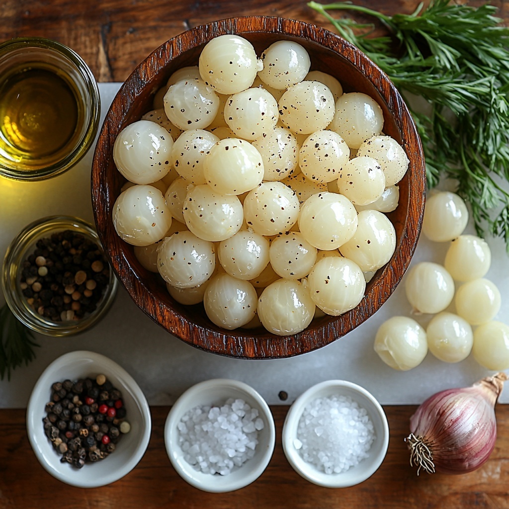 A clean white marble surface with a rustic wooden bowl filled with shiny, smooth pearl onions, some loose pearl onions scattered artfully around. Nearby, a small clear glass bowl with golden olive oil gleaming under soft light. Small white ceramic spoons hold coarse salt, cracked black pepper, and fine garlic powder, arranged neatly in a row. Natural light casting gentle shadows, highlighting the glossy texture of the onions and the subtle granularity of the spices. A few fresh green herb sprigs placed casually to add a pop of color and freshness. The composition is balanced and airy, emphasizing the simplicity and freshness of the ingredients. Overhead shot, top down view, flat lay photography, professional food styling --ar 1:1 --q 2 --s 750 --v 6.1