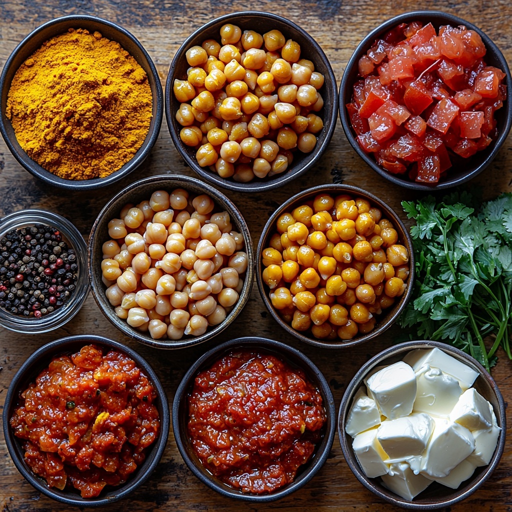 A vibrant flat lay of Indian butter chickpeas ingredients artfully arranged on a clean, light wooden surface. Centered are two open cans of golden chickpeas, glistening and plump. Nearby, a small bowl of deep red crushed tomatoes and a spoonful of rich, glossy tomato paste capture the eye. Freshly chopped golden-brown sautéed onions, minced white garlic cloves, and a pile of finely grated bright ginger root present varied textures. Small rustic bowls hold warm-toned spices: earthy brown cumin seeds, dark garam masala powder, golden-yellow turmeric powder, coppery ground coriander, fiery red chili powder, and ground cumin. A smooth swirl of creamy white heavy cream contrasts with chunks of pale unsalted butter. Fresh, vibrant green cilantro sprigs add a pop of color and freshness. A small glass bowl with clear vegetable oil completes the arrangement. Soft, natural lighting enhances the warm, inviting hues and textures, casting gentle shadows for depth. All ingredients tastefully spaced to create balance and harmony in the composition, styled with minimal props for an authentic, appetizing presentation. Overhead shot, top down view, flat lay photography, professional food styling --ar 1:1 --q 2 --s 750 --v 6.1