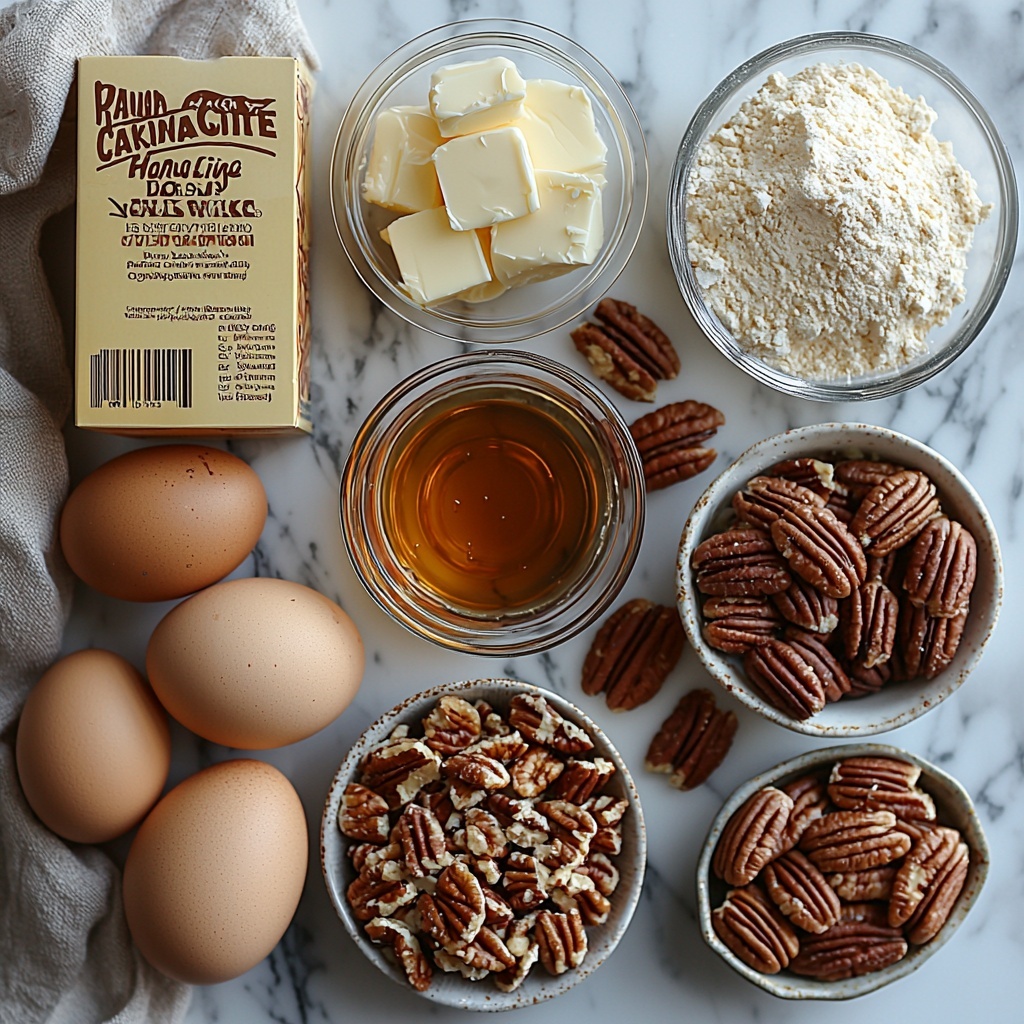 A clean white marble surface with all the main ingredients for pecan pie dump cake artfully arranged in a balanced flat lay. Four large brown eggs with smooth shells clustered near a small heap of light brown sugar, showing its soft, granular texture. A clear glass measuring cup filled with rich amber maple syrup beside a small bowl of fine white cornstarch powder. A small glass bottle of golden vanilla extract with a delicate sheen. A shallow dish containing melted butter with a glossy, silky surface next to a separate dish of cold unsalted butter sliced into neat pats. Two small bowls filled with chopped pecans showcasing their warm, textured brown tones and rustic shape. A bright yellow box of cake mix standing upright with the package text visible. A wooden spoon resting diagonally, and a small pile of warm cinnamon powder with fine granules adding an earthy orange contrast. Soft natural light casts gentle shadows emphasizing the varied textures—from the glossy syrup and melted butter to the crumbly cake mix and crunchy pecans. Minimal props, subtle neutral fabric napkin folded neatly to one side, enhancing an inviting and clean presentation. Overhead shot, top down view, flat lay photography, professional food styling --ar 1:1 --q 2 --s 750 --v 6.1