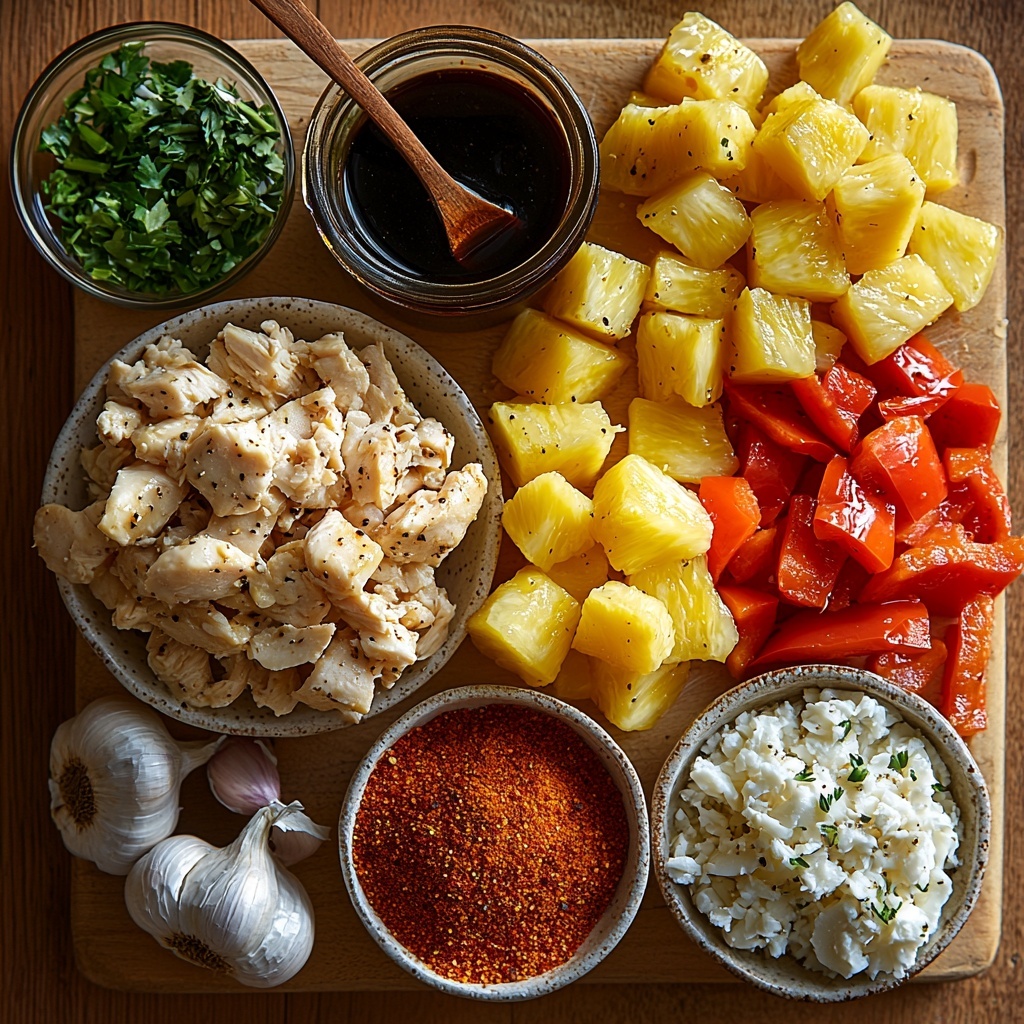 A clean, light wooden surface with all main ingredients neatly arranged for a vibrant flat lay: two large boneless, skinless chicken breasts shredded and placed on a small rustic white dish; a bowl of fluffy cooked white rice with soft textures; a small glass bowl filled with bright yellow diced pineapple chunks, glossy and juicy; a small jar of dark, glossy teriyaki sauce with a wooden spoon resting beside it; a small dish of golden olive oil catching the light; two garlic cloves, whole and unpeeled, next to a heap of finely minced garlic on a small slate tile; a tiny bowl of warm brown ground ginger powder; a pinch bowl of red pepper flakes adding a pop of deep red color; coarse salt and black peppercorns scattered delicately nearby; four vibrant bell peppers in red, yellow, and green hues, cut tops set aside to show their hollow interiors; a small bowl of shredded creamy mozzarella cheese with delicate strands visible. Soft natural lighting enhances the fresh colors and varied textures, with minimal shadows and subtle depth. The composition is balanced and inviting, styled with a few scattered fresh green herbs for contrast, and casual kitchen tools like a wooden cutting board and a linen napkin subtly included on the edges. overhead shot, top down view, flat lay photography, professional food styling --ar 1:1 --q 2 --s 750 --v 6.1