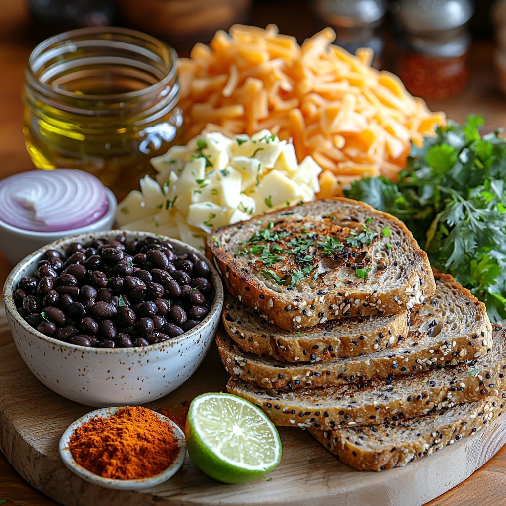 A clean, light wooden surface neatly arranged with the main ingredients for black bean grilled cheese: a small rustic bowl of shiny black beans, a drizzle of golden olive oil in a glass container, finely chopped white onion piled delicately on a small white ceramic plate, two peeled garlic cloves next to a tiny heap of minced garlic, a set of small white ramekins holding warm-toned spices—ground cumin, smoked paprika, chili powder with deep reds and browns, alongside salt and black pepper in fine piles; a small bunch of fresh bright green cilantro leaves loosely scattered, a halved lime showing vibrant green flesh, several slices of whole wheat sandwich bread stacked with visible grain texture, a mound of shredded cheddar and Monterey Jack cheese combining rich orange and creamy white strands, and a softened pat of butter resting on a simple white dish. The ingredients are spaced evenly with some casual overlaps to create visual interest, highlighting contrasting textures: smooth beans, flaky spices, leafy herbs, and soft bread. Soft natural light casts delicate shadows, enhancing color vibrancy and freshness. The scene is styled crisply, minimalistic with a hint of rustic charm, emphasizing clarity and inviting warmth. Overhead shot, top down view, flat lay photography, professional food styling --ar 1:1 --q 2 --s 750 --v 6.1
