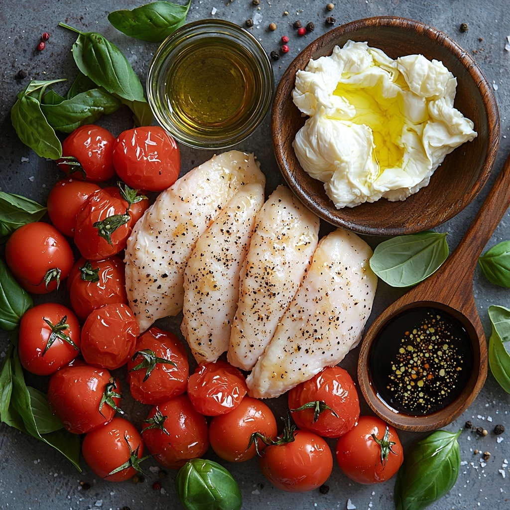 4 boneless, skinless chicken breasts butterflied, ½ cup all-purpose flour in a small bowl, 2 large beaten eggs in a glass bowl, ¾ cup Italian-style breadcrumbs mixed with ¼ cup grated Parmesan cheese, 2 tbsp fresh finely chopped basil combined with garlic powder, salt, and black pepper in a shallow dish, golden olive oil in a small dish, 2 cups vibrant red cherry tomatoes with 2 crushed garlic cloves, 2 tbsp olive oil in a small vessel, 8 oz torn creamy white burrata cheese, scattered fresh green basil leaves, small bowl of dark glossy balsamic glaze on the side — all ingredients thoughtfully arranged on a clean white surface, colors vivid and contrasting with rustic wooden spoons and ceramic bowls, textures from smooth eggs to crumbly breadcrumbs and juicy tomatoes emphasized with natural light highlighting freshness and detail, subtle shadows adding depth and warmth, minimalistic styling with natural props to enhance the artisanal Italian feel, overhead shot, top down view, flat lay photography, professional food styling --ar 1:1 --q 2 --s 750 --v 6.1