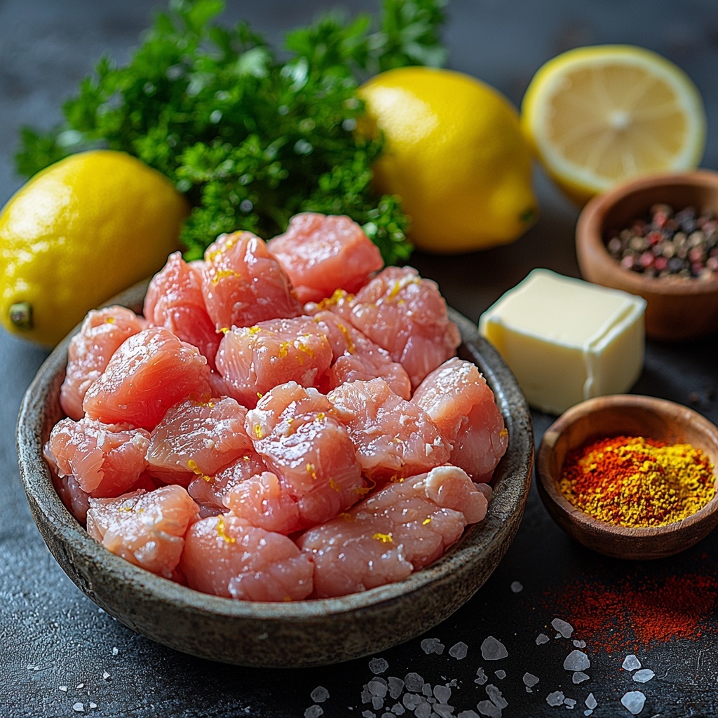 boneless, skinless chicken breast pieces, raw, pink and plump; small pat of unsalted butter, creamy pale yellow; small bowl of golden olive oil; three cloves of garlic, peeled, white and slightly glossy; fresh lemon, one whole and one halved showing bright yellow flesh and textured peel; small dish of coarse salt crystals; small dish with ground black pepper, dark and finely textured; small dish with paprika powder, vibrant red; bunch of fresh parsley, bright green with delicate leaves, some chopped loosely scattered; all ingredients neatly arranged with space between on a smooth, clean white surface; natural daylight highlighting the textures and fresh colors; slight shadows adding depth; rustic but elegant styling with minimal props, slight sprigs of parsley for garnish, lemon zest strands delicately placed near the butter; overhead shot, top down view, flat lay photography, professional food styling --ar 1:1 --q 2 --s 750 --v 6.1