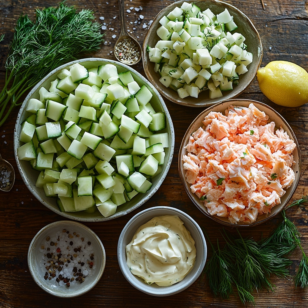 2 cups diced cucumbers in a small clear glass bowl, bright green cubes with fresh crisp texture; 1 cup shredded crab meat loosely arranged on a white ceramic plate, soft and flaky with pale pink and white hues; 1/4 cup creamy mayonnaise in a small white ramekin, smooth and glossy surface; 1 tablespoon fresh lemon juice in a tiny clear glass bowl, pale yellow liquid with a slight sheen; 1 tablespoon chopped fresh dill scattered artistically beside the ramekin, vibrant green feathery herbs; small bowls of coarse salt and freshly ground black pepper nearby adding texture contrast; all ingredients neatly spaced and arranged on a clean, light wooden surface with natural soft lighting creating gentle shadows; minimalistic styling with a few rustic linen napkins and a vintage silver spoon to add warmth and an inviting feel; vivid colors, natural textures emphasized, clean and fresh aesthetic; overhead shot, top down view, flat lay photography, professional food styling --ar 1:1 --q 2 --s 750 --v 6.1